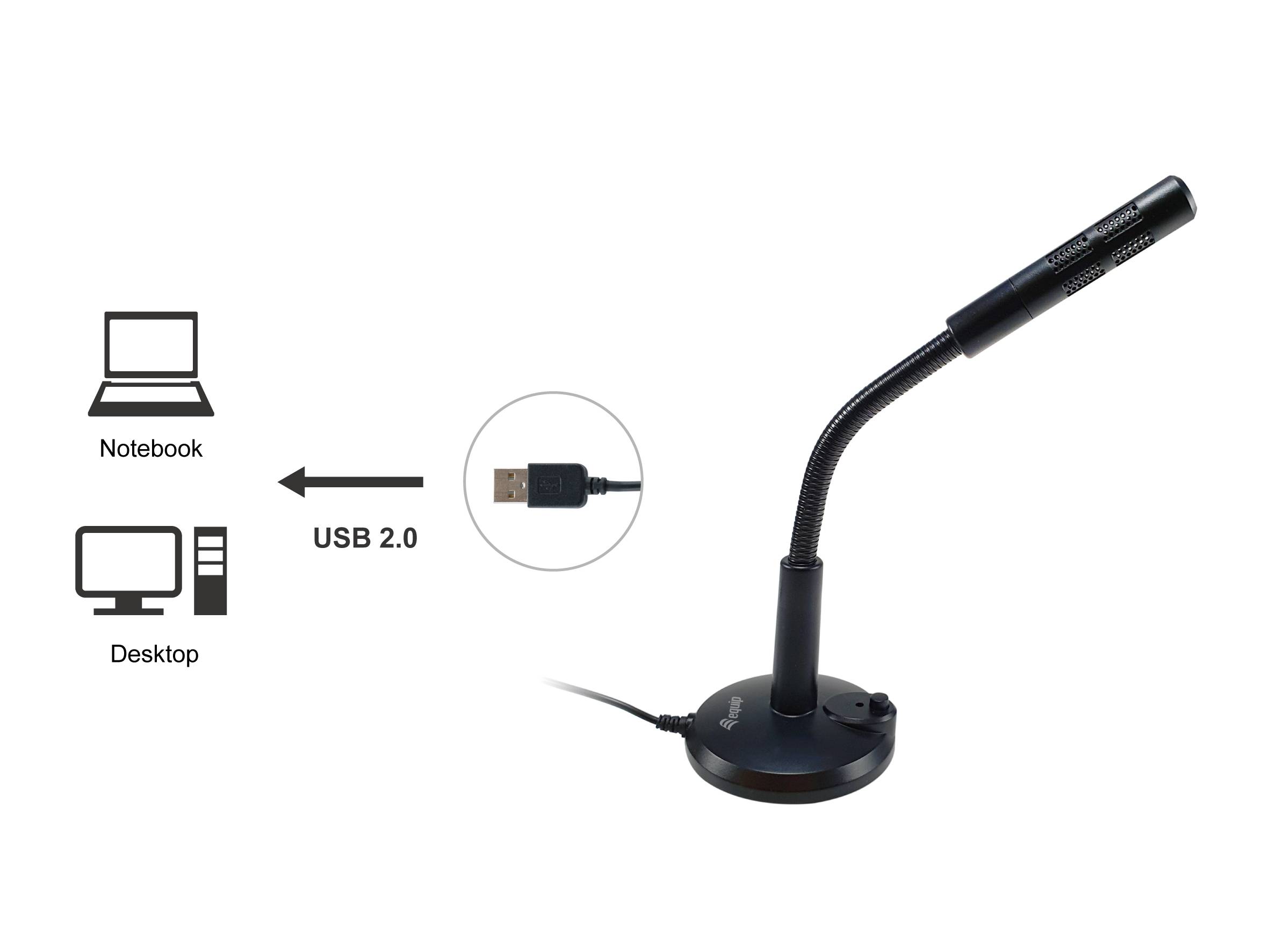 USB 2.0 Schwanenhals-Mikrofon mit Verbindung zu Notebook oder Desktop-Computer dargestellt, mit abgebildetem Stecker und Kabel.