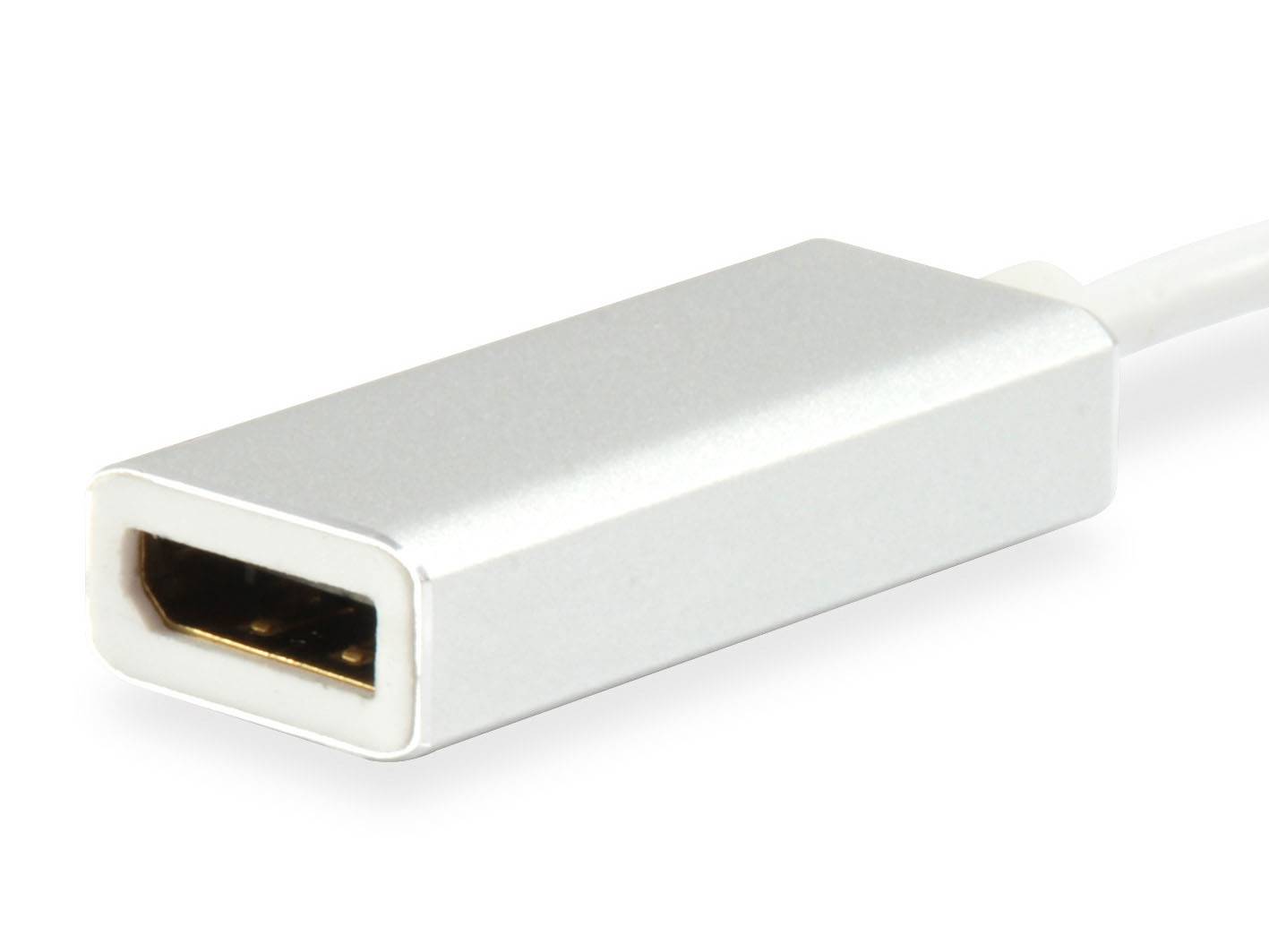 Nahaufnahme eines weißen rechteckigen Kabeladapters mit einem einzelnen HDMI-ähnlichen Anschluss und angebrachtem Kabel auf einem schlichten Hintergrund.