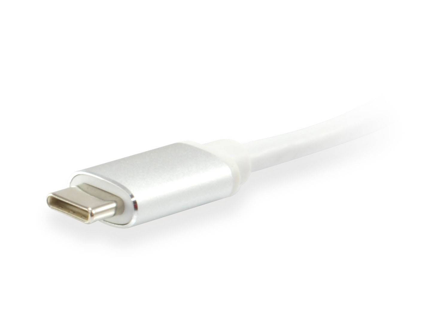 Weißes USB-C-Ladekabel mit silbernem Anschluss auf einfachem Hintergrund.