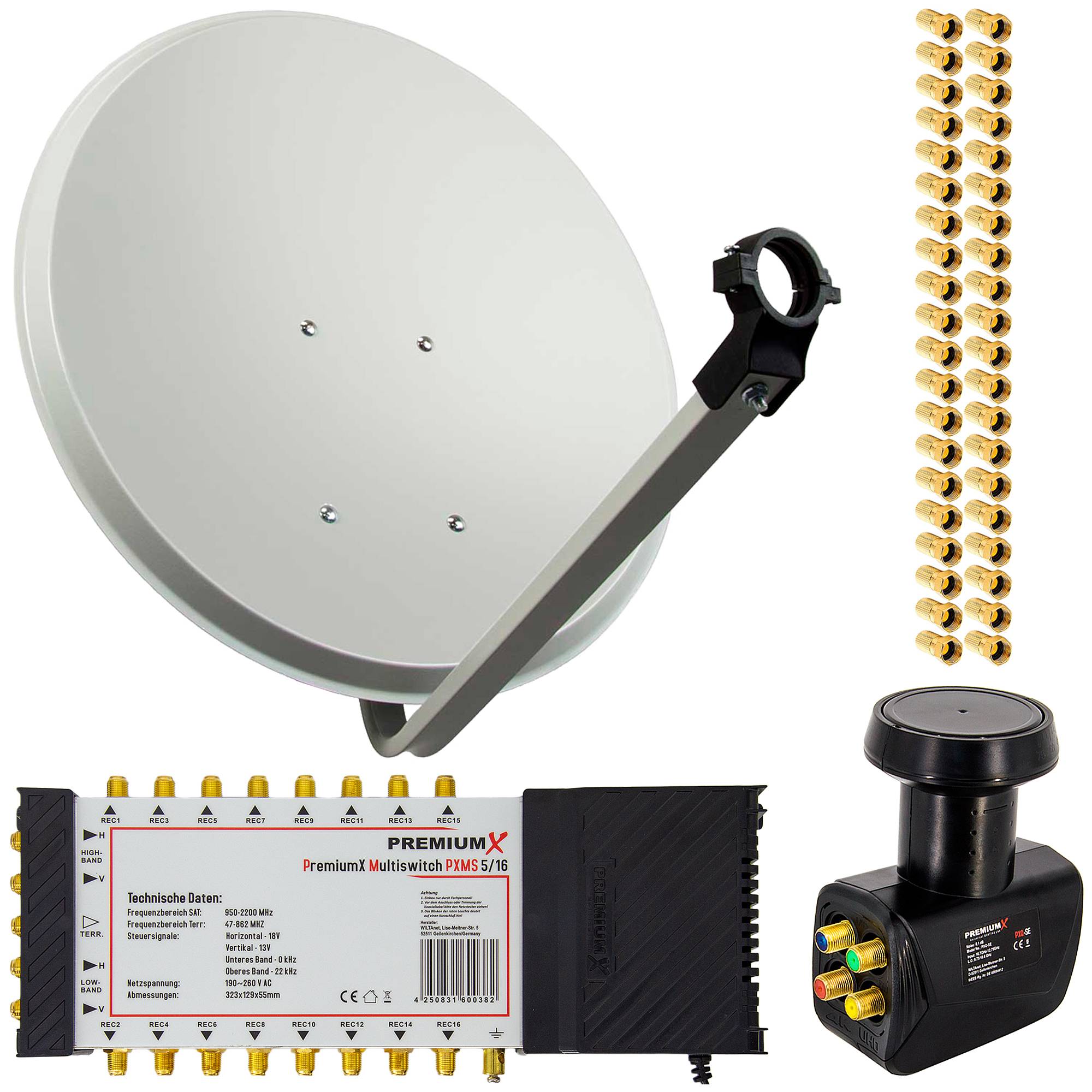 PremiumX Satelliten-Komplettanlage 80cm Satellitenschüssel Hellgrau 5/16 Multischalter Quattro LNB 40x F-Stecker, 1 SAT 16 Teilnehmer