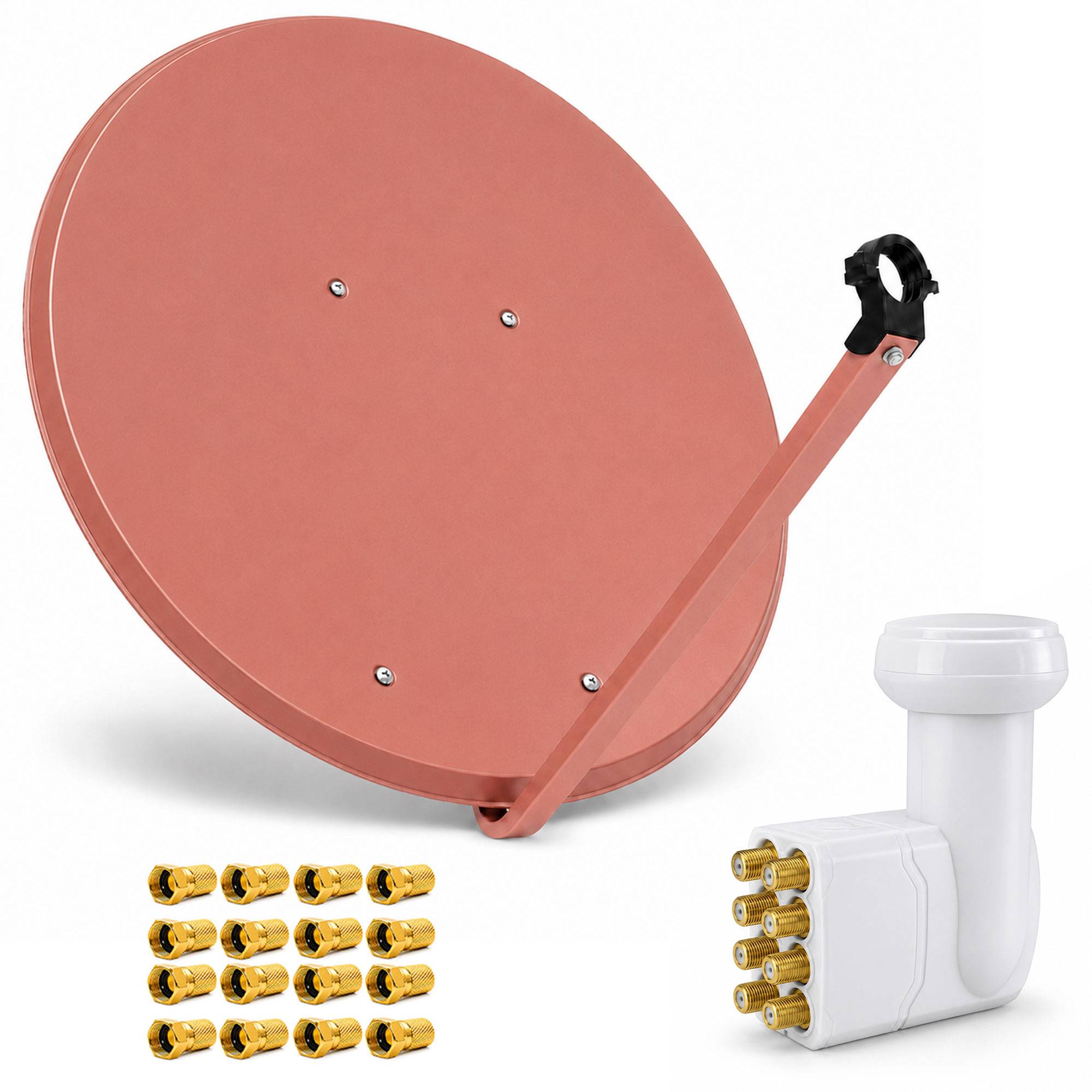 Satellitenschüssel-Antenne mit Halterungsarm und LNB, gezeigt mit Anschlüssen und einer weißen Empfängerkomponente auf einfachem Hintergrund.