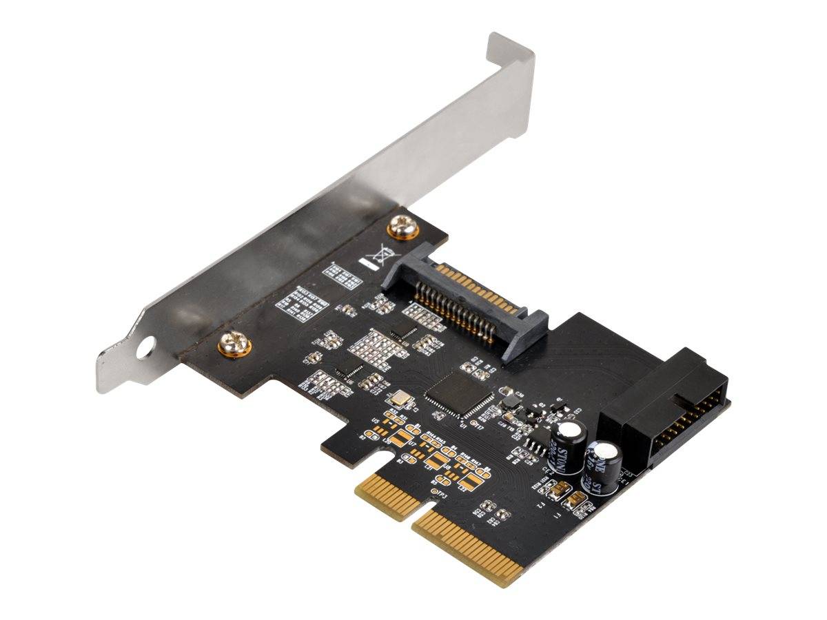PCIe-Erweiterungskarte mit Metallhalterung und internem Anschluss, dargestellt auf weißem Hintergrund.