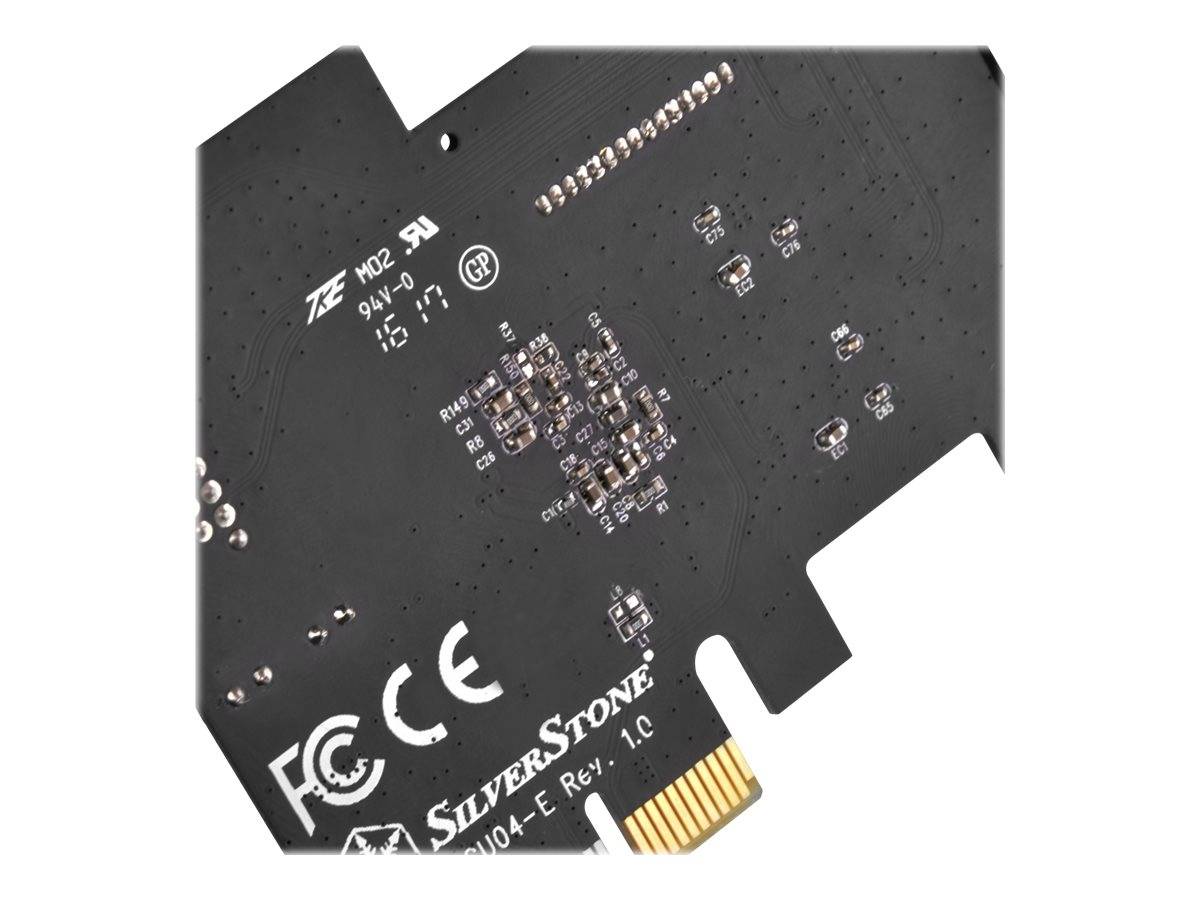 Nahaufnahme einer schwarzen SILVERSTONE-Platine mit sichtbaren gedruckten Logos, Chip-Komponenten und goldenem Kantenstecker.