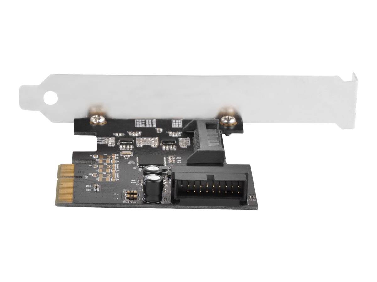 PCIe-Erweiterungskarte mit Metallhalterung und schwarzer Leiterplatte, zeigt einen internen Anschluss und elektronische Komponenten auf weißem Hintergrund.