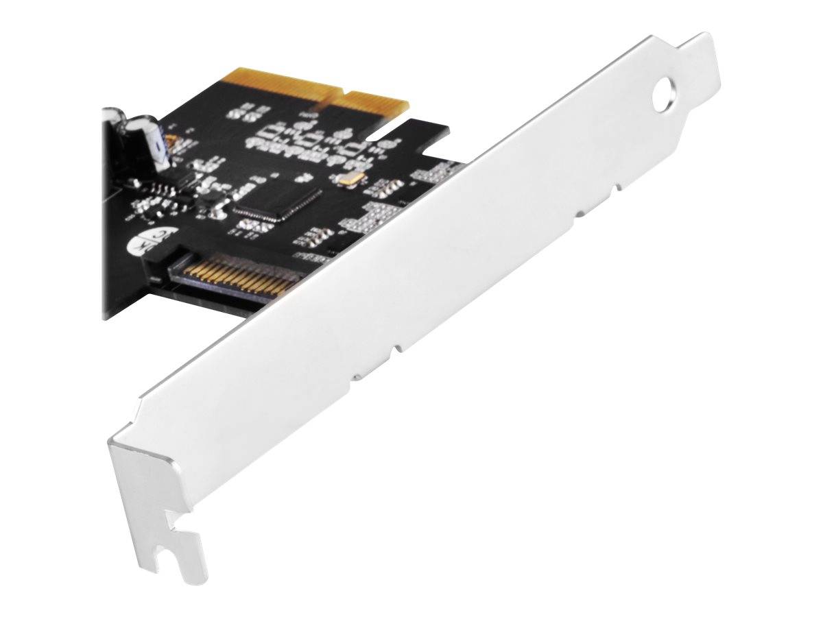 PCIe-Erweiterungskarte mit großer silberner Metallhalterung und Leiterplatte, isoliert auf weißem Hintergrund dargestellt.