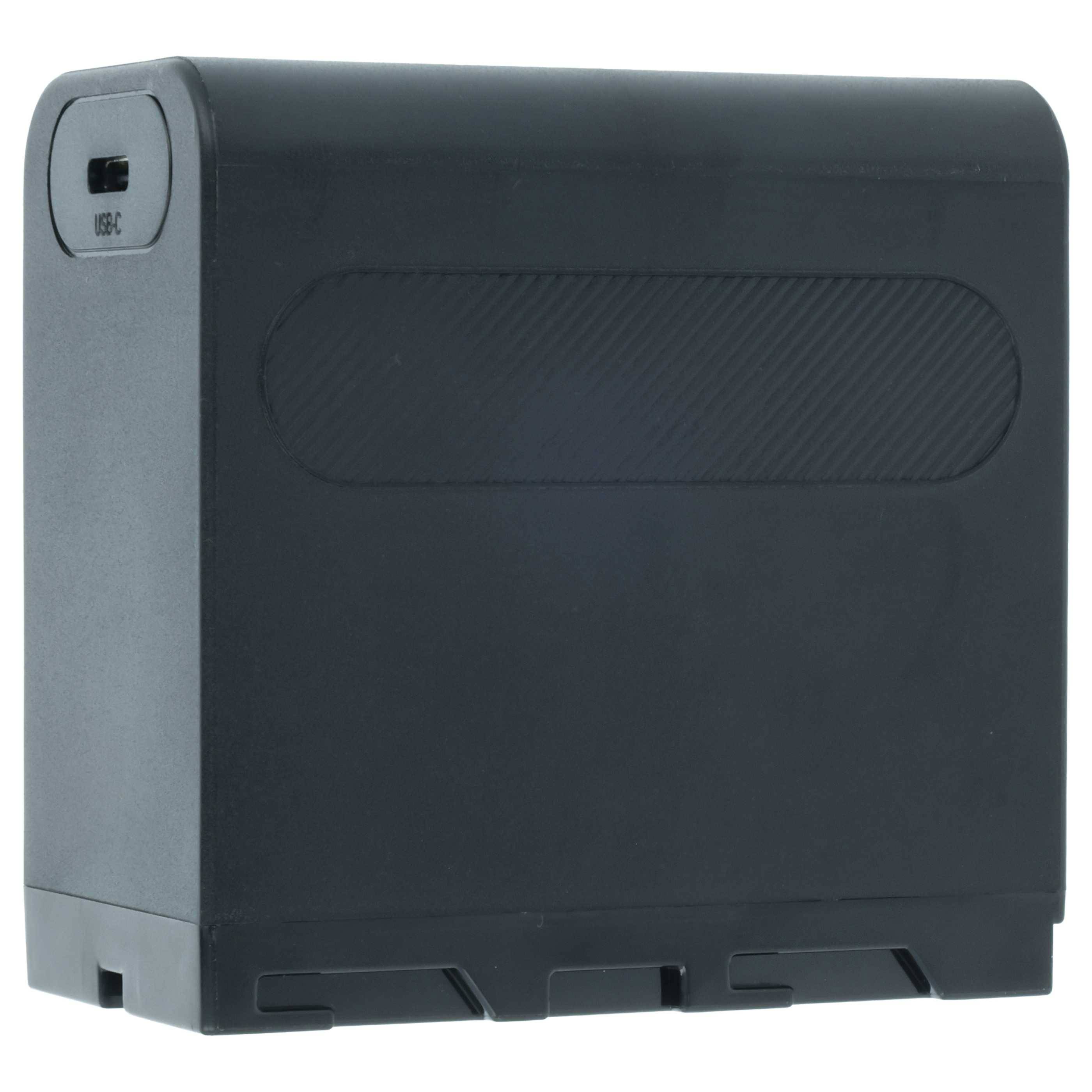 Eine schwarze rechteckige Batteriebox mit einem USB-C-Anschluss an der Seite, ausgestattet mit einer strukturierten Griffzone.