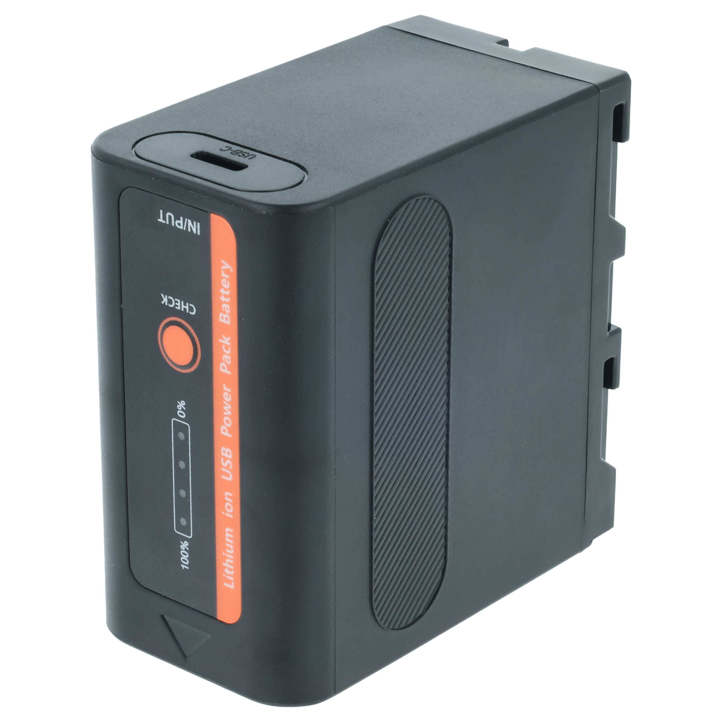 Eine schwarze und orangefarbene Lithium-Ionen-USB-Powerbank-Batterie mit Eingangs- und Prüftaste, die die Ladestände auf der Anzeigeseite anzeigt.