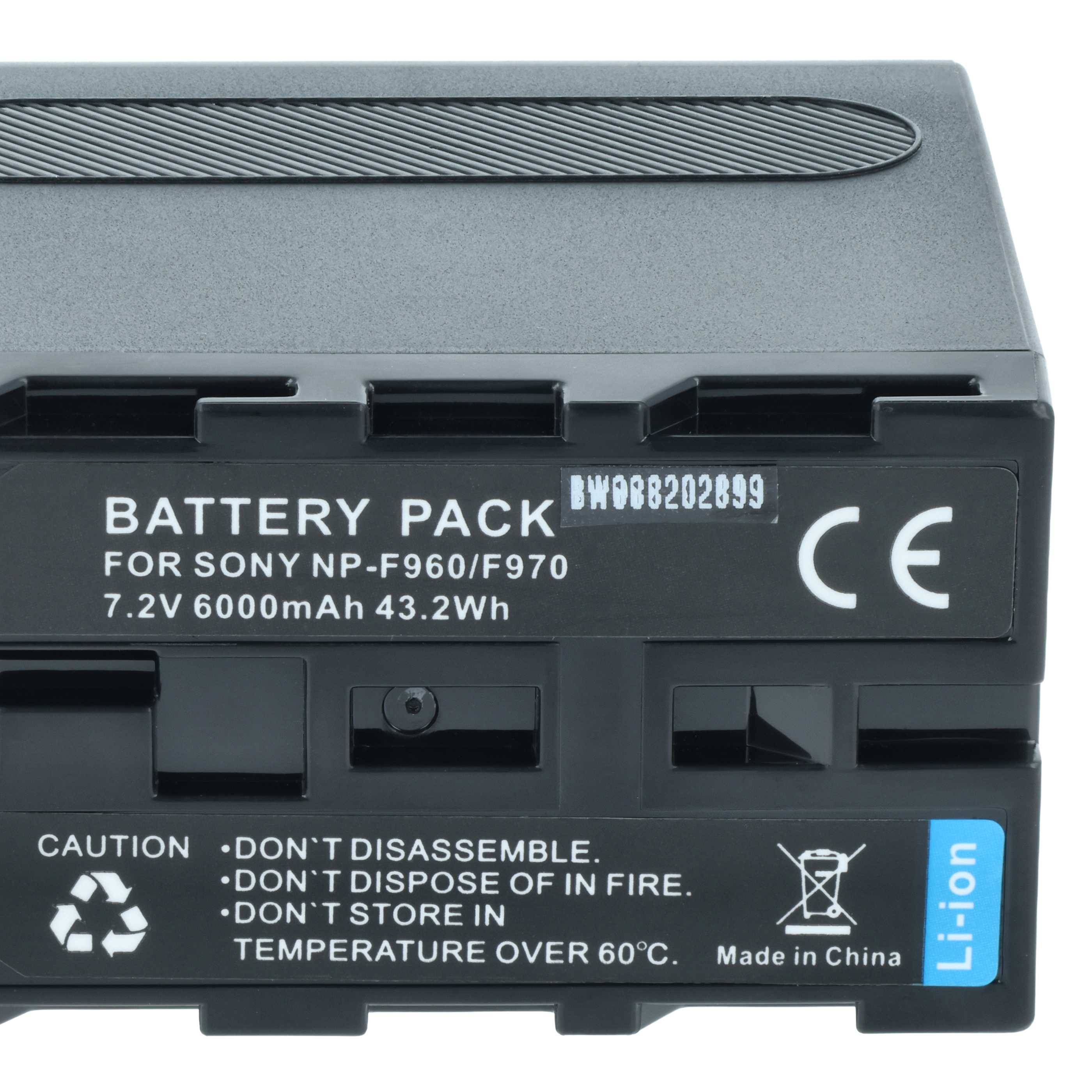 Ein schwarzer Lithium-Ionen-Akkupack mit der Aufschrift „For Sony NP-F960/F970