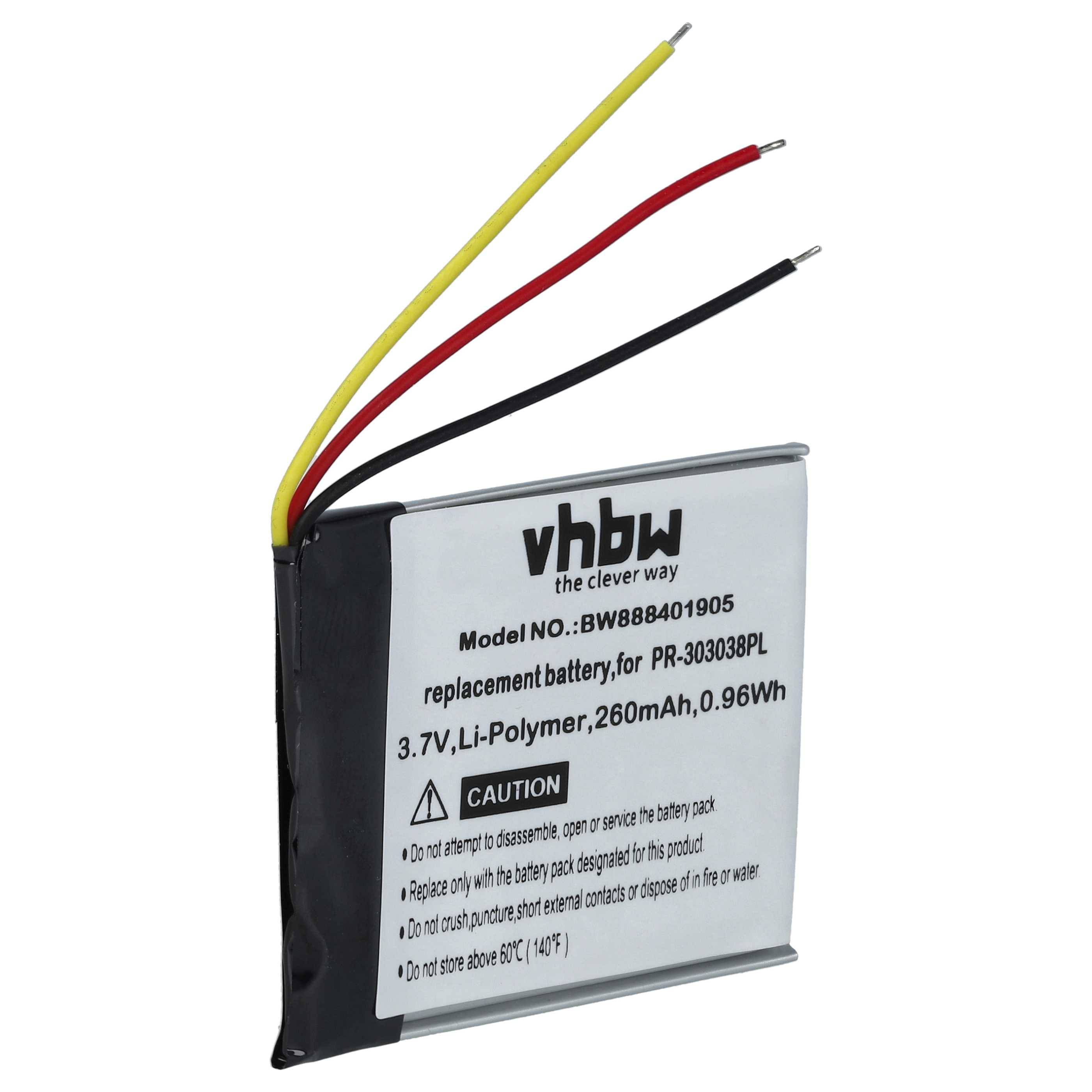 Eine rechteckige Lithium-Polymer-Batterie mit drei Drähten (rot, schwarz, gelb). Der Text auf der Batterie zeigt an, dass es sich um eine 3,7-V-, 260-mAh-Ersatzbatterie handelt.