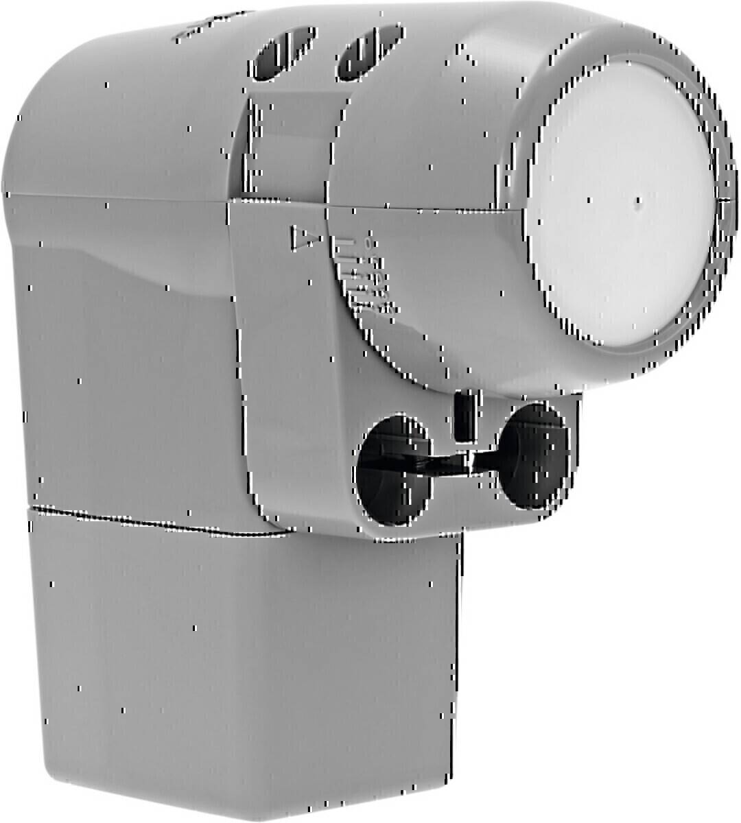Ein grauer Satellitenschüssel-LNB mit einem zylindrischen Frontbereich und zwei Anschlüssen an der Unterseite, der zur Empfangung von Satellitensignalen verwendet wird.
