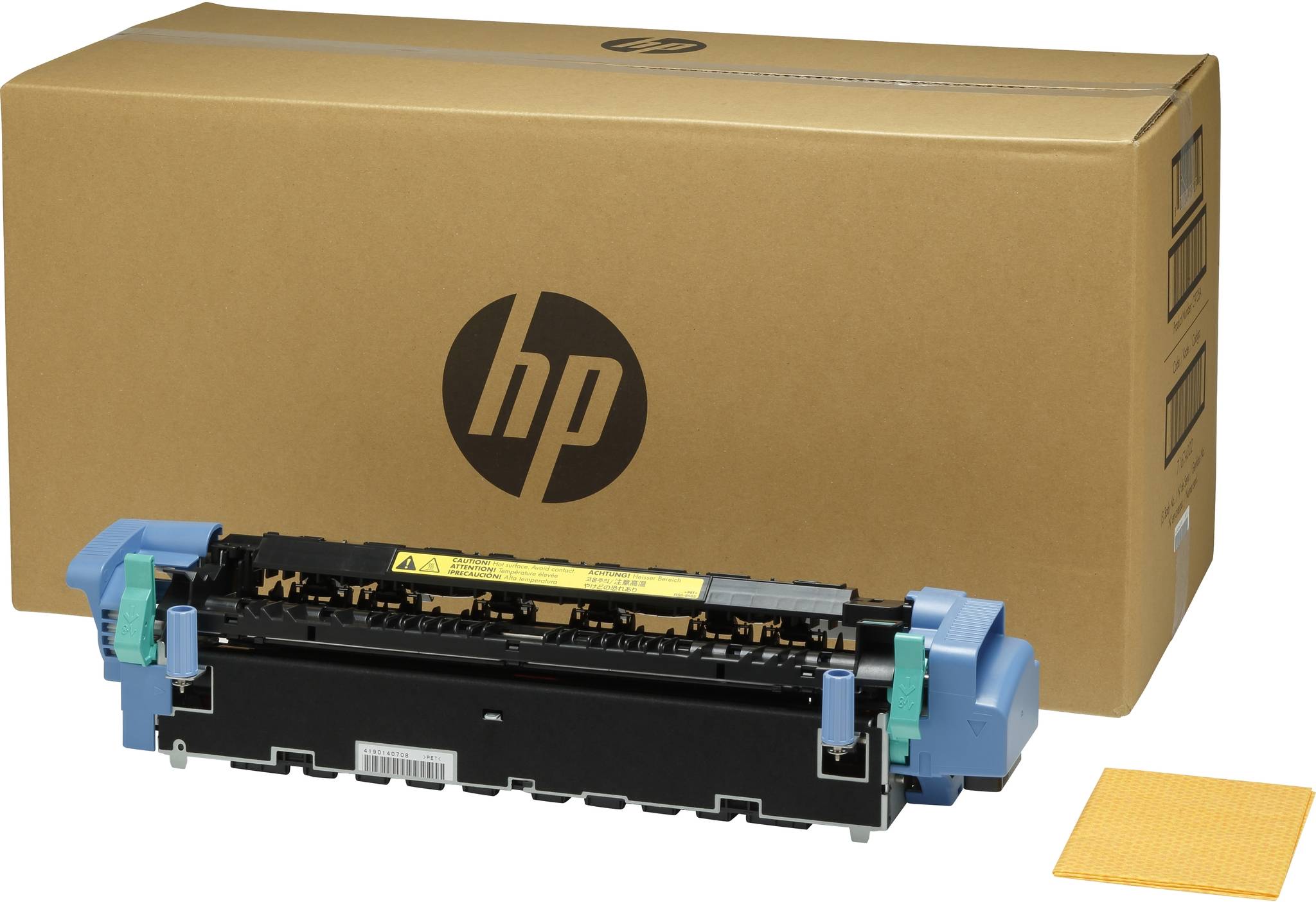 HP Druckertoner-Ersatzpatrone, die vor einer HP-Pappschachtel gezeigt wird, mit einem kleinen gelben Warnschild daneben.