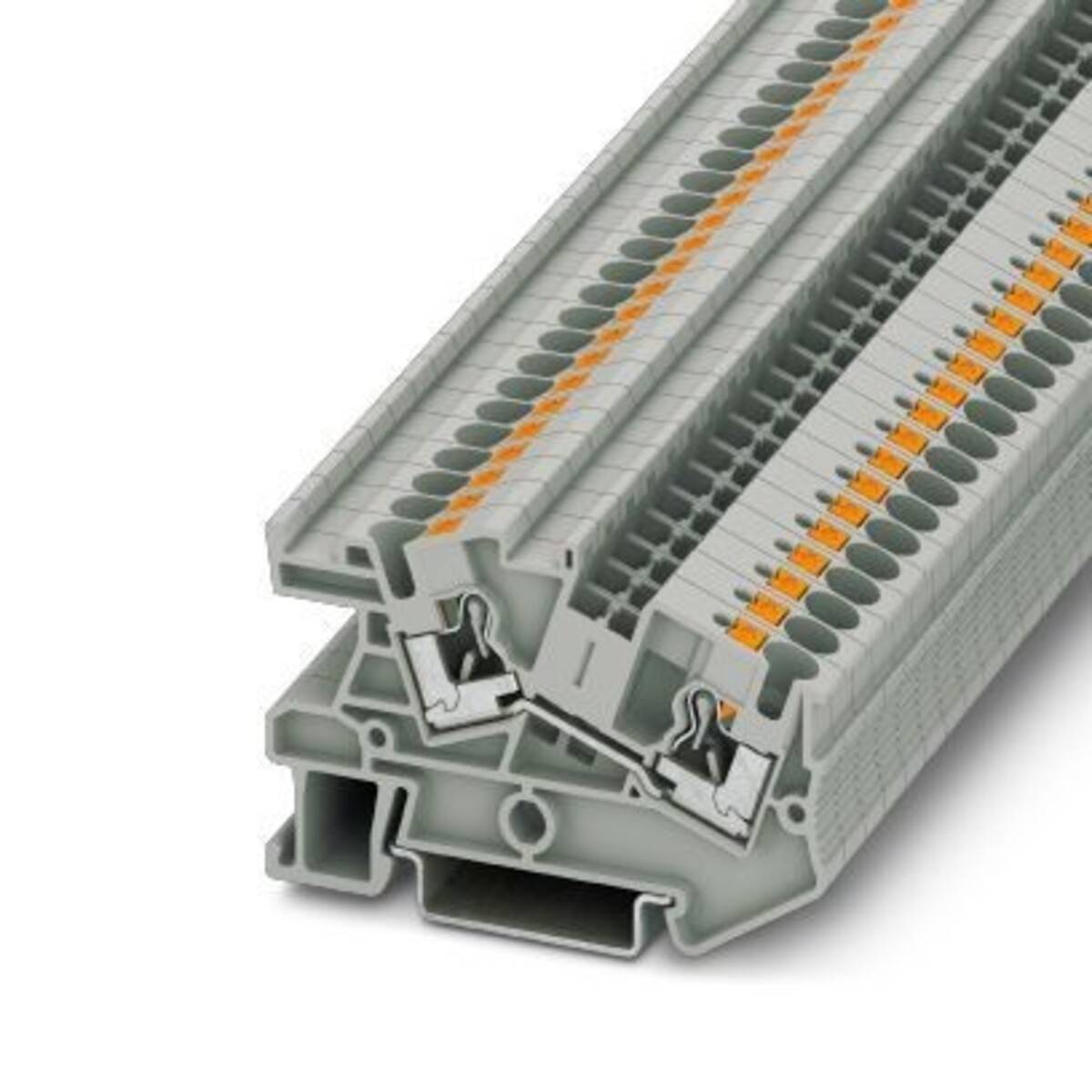 Querschnitt eines grauen modularen elektrischen Klemmblocks mit mehreren Anschlußpunkten und orangefarbenen Markierungen, das die interne Drahtklemmstruktur zeigt.