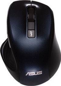 Schwarze kabellose ASUS-Computermaus mit Scrollrad und DPI-Taste oben.