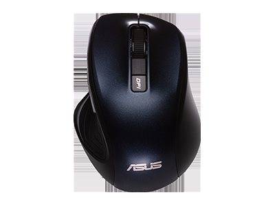 Schwarze kabellose ASUS-Computermaus mit Scrollrad und DPI-Taste, von oben auf einfachem Hintergrund gezeigt.