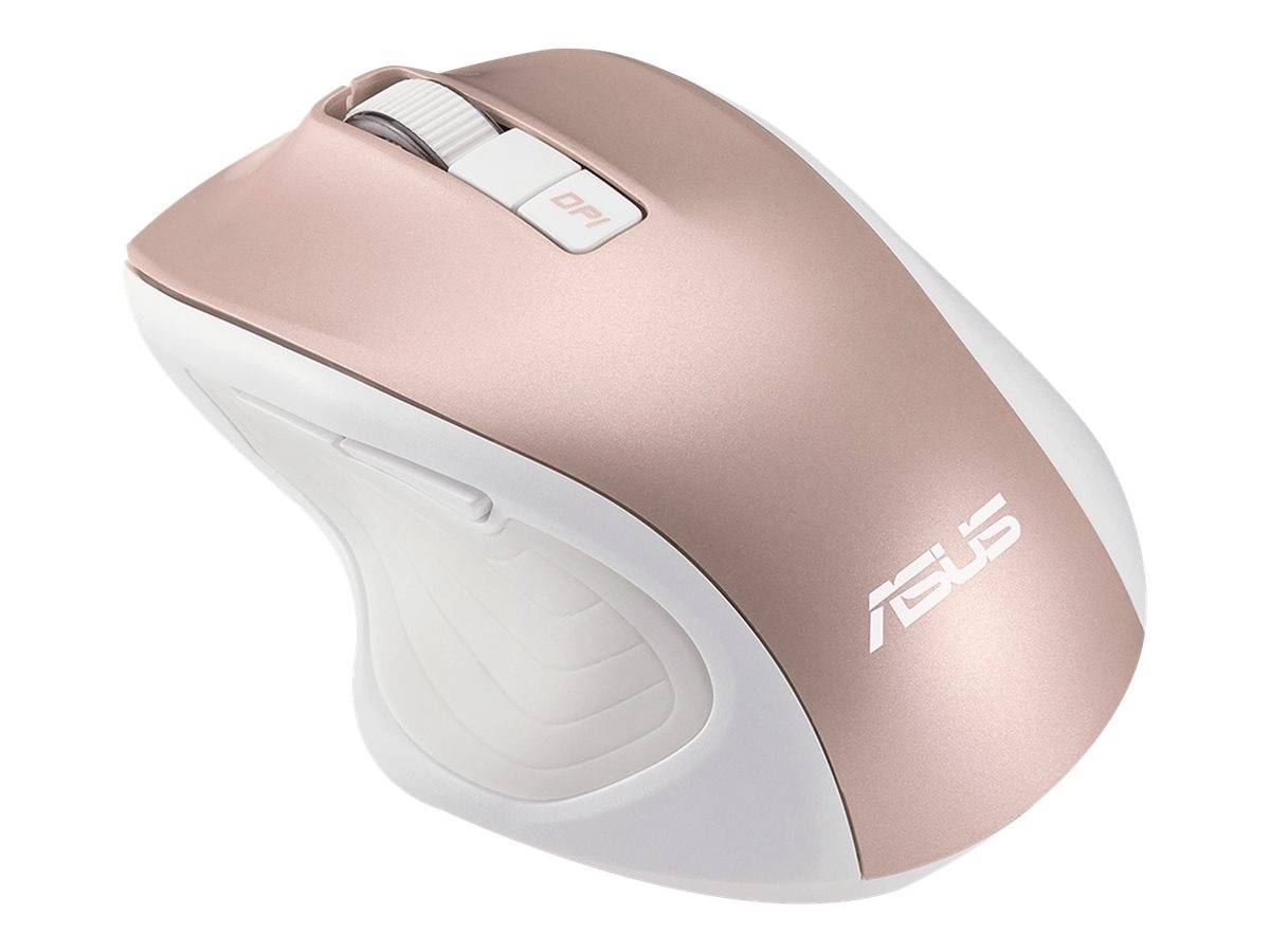 Rose-Gold und weißes ASUS kabelloses Computermaus in schräger Ansicht, mit sichtbarem Scrollrad und DPI-Taste.