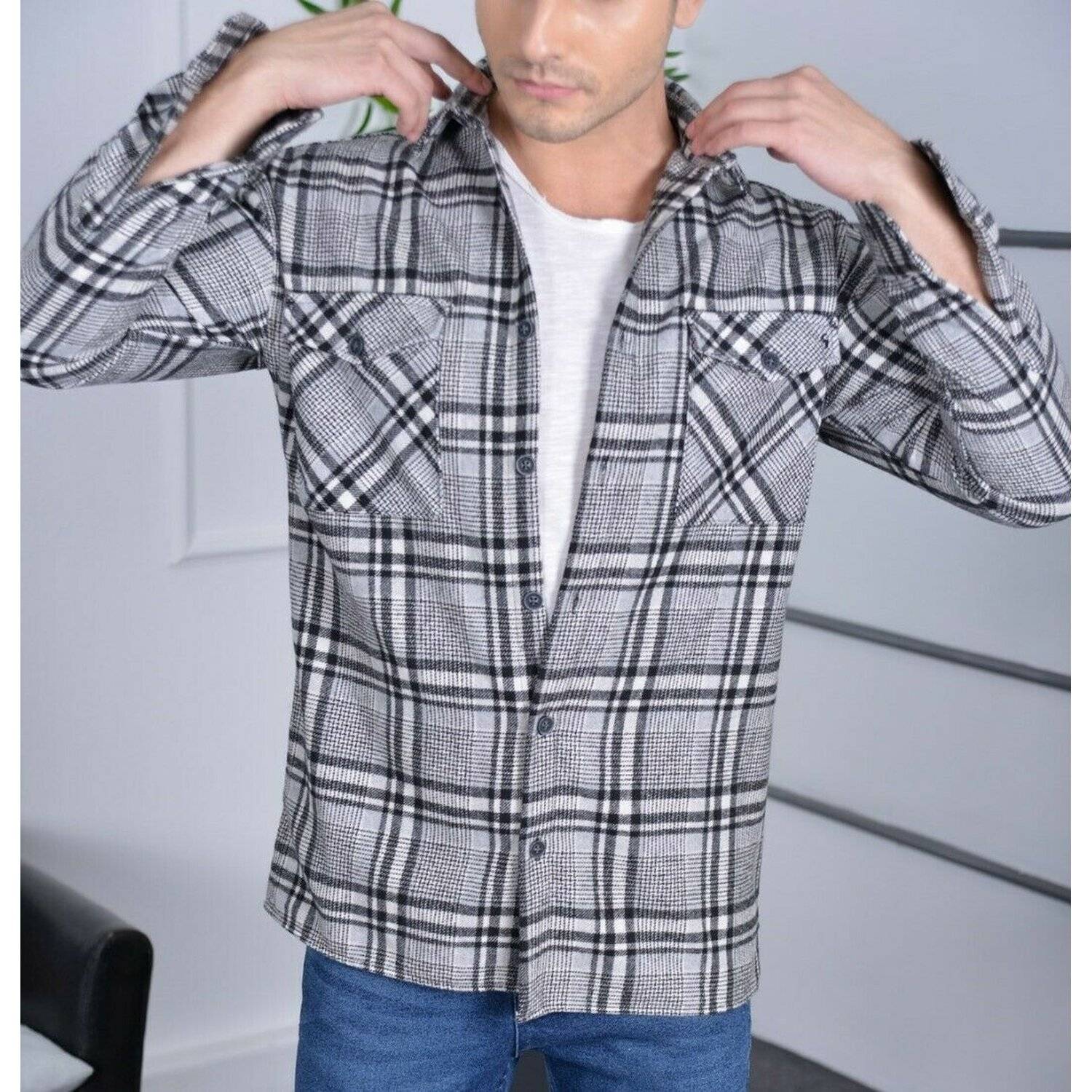 Megaman Jeans H-257 Flanellhemd Kariert Hemd Holzfällerhemd Herren Holzfäller Baumwolle L Schwarz