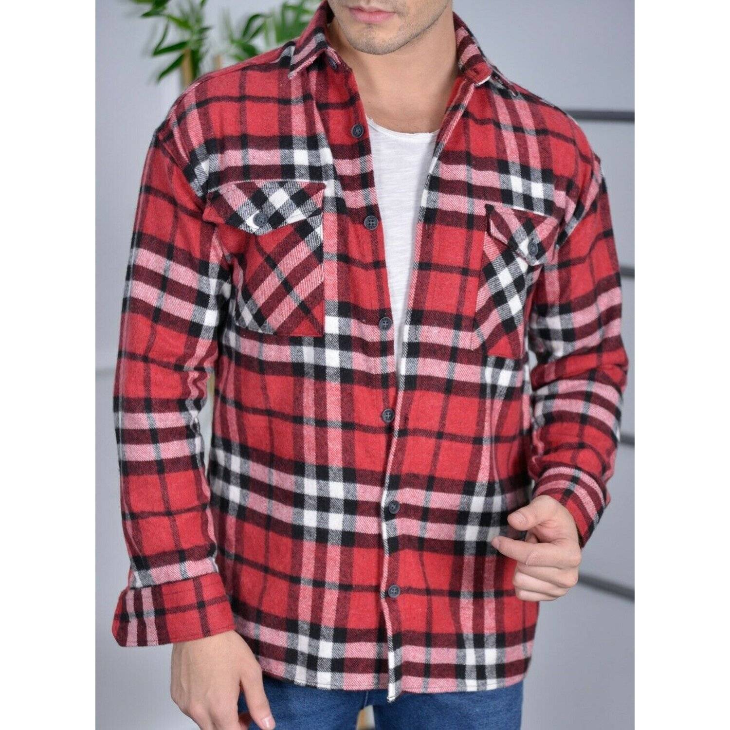 Megaman Jeans H-259 Flanellhemd Kariert Hemd Holzfällerhemd Herren Holzfäller Baumwolle Rot M