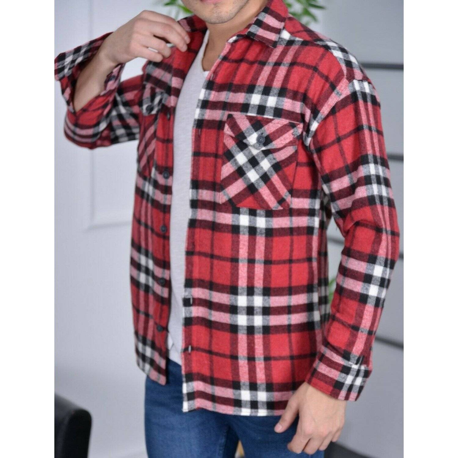 Megaman Jeans H-259 Flanellhemd Kariert Hemd Holzfällerhemd Herren Holzfäller Baumwolle Rot M