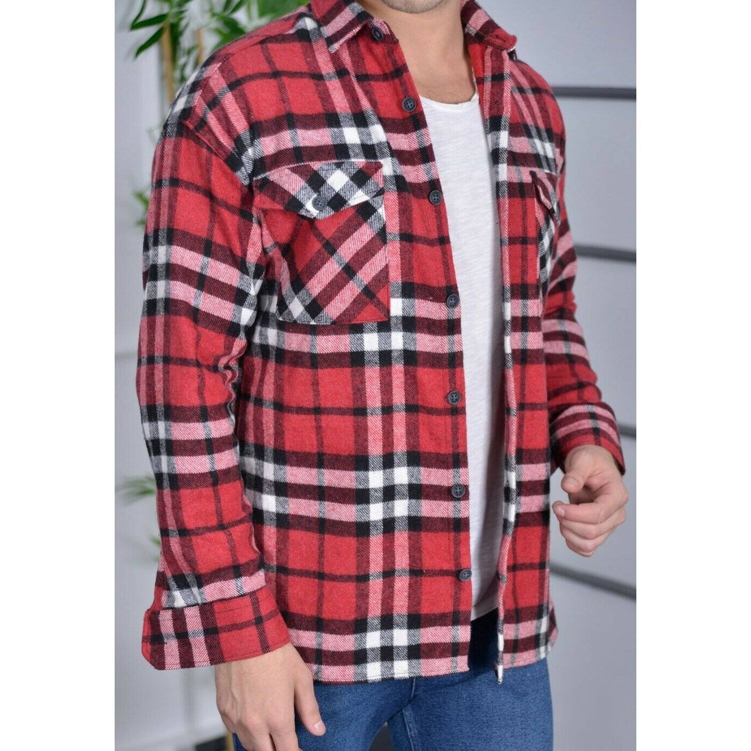 Megaman Jeans H-259 Flanellhemd Kariert Hemd Holzfällerhemd Herren Holzfäller Baumwolle Rot M