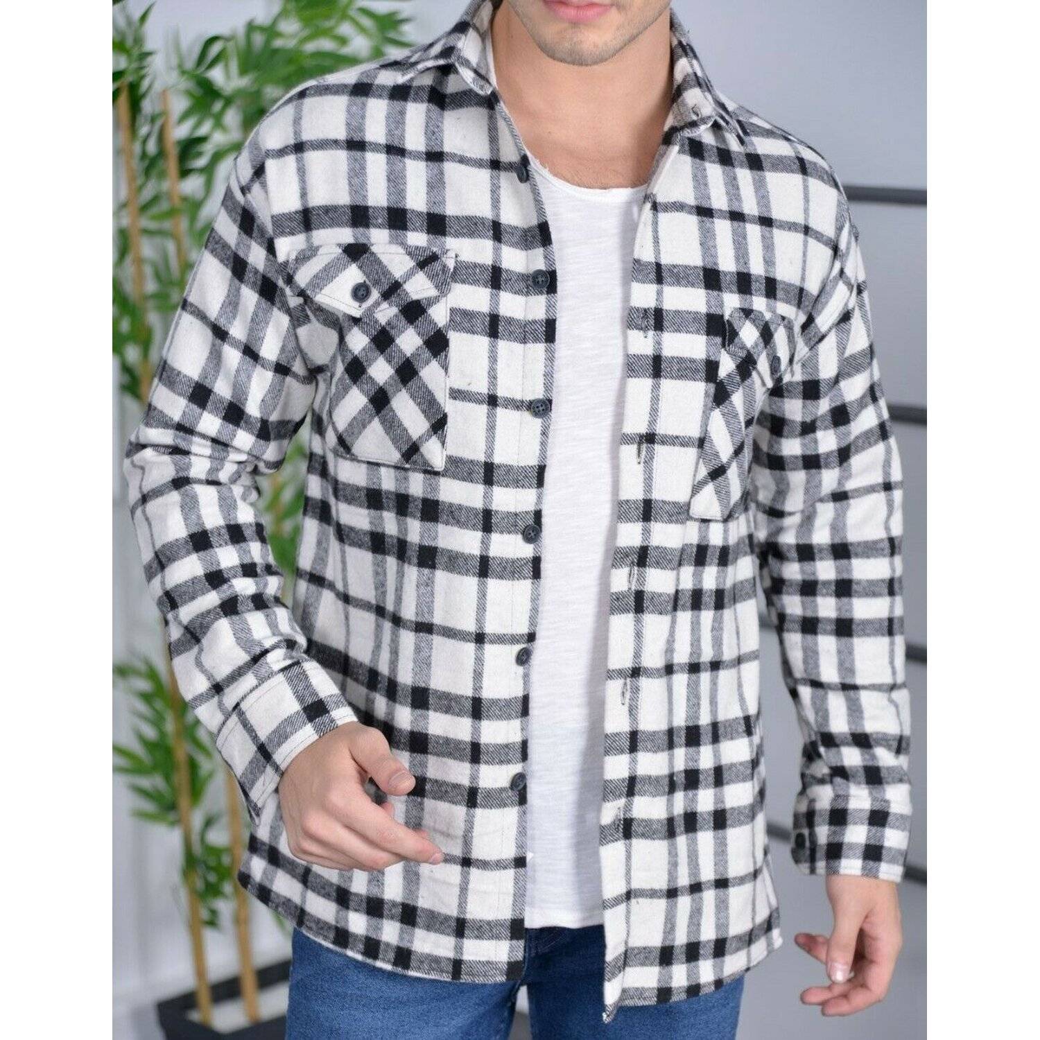 Megaman Jeans H-259 Flanellhemd Kariert Hemd Holzfällerhemd Herren Holzfäller Baumwolle Schwarz XL