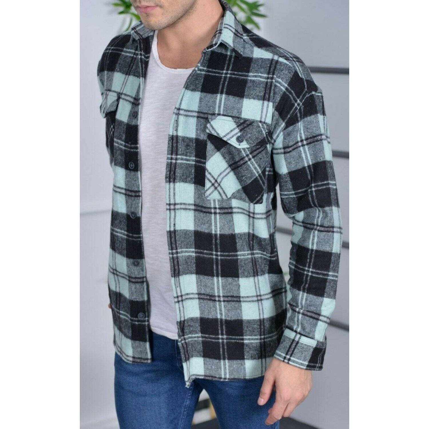 Megaman Jeans H-260 Flanellhemd Kariert Hemd Holzfällerhemd Herren Holzfäller Baumwolle Mintgrün L