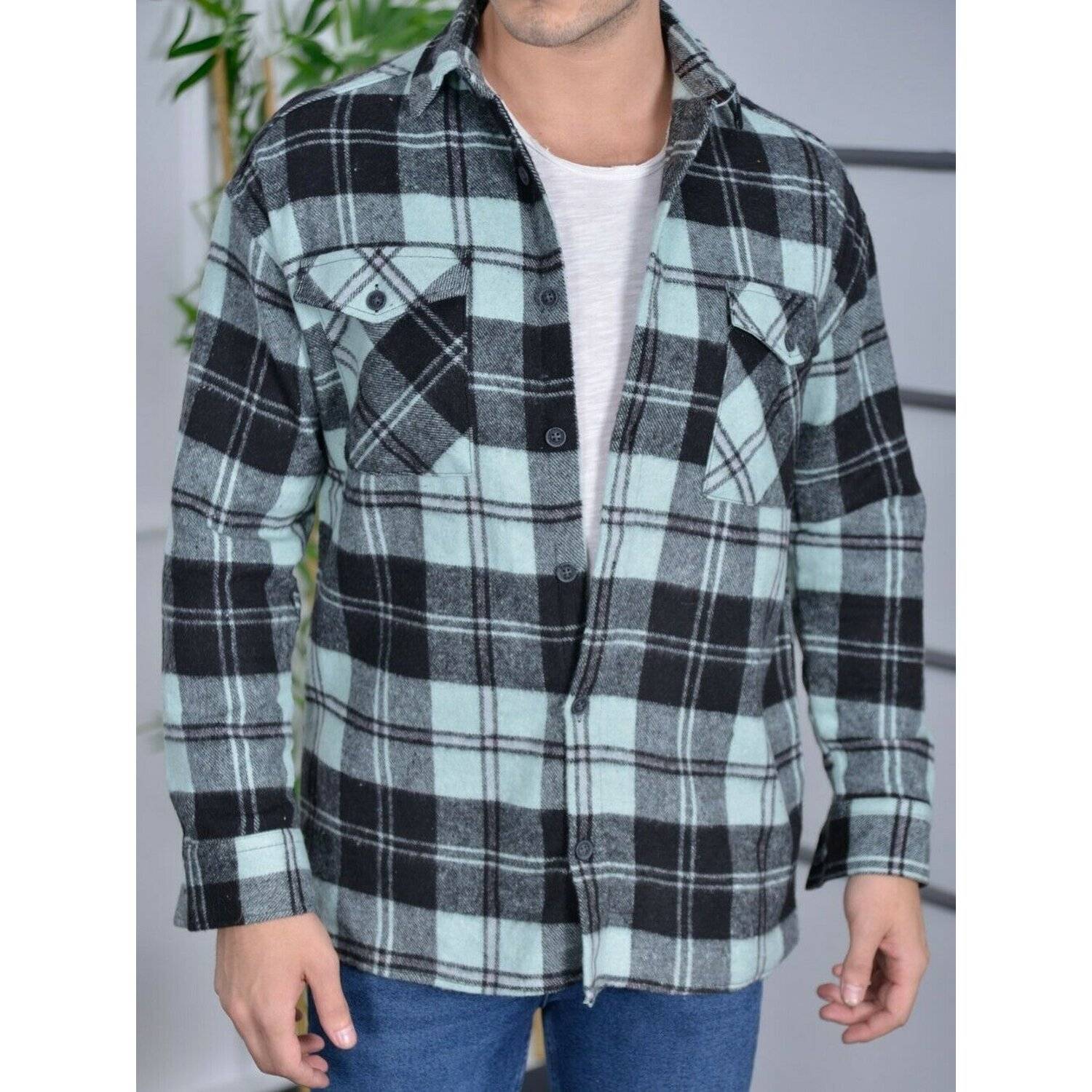 Megaman Jeans H-260 Flanellhemd Kariert Hemd Holzfällerhemd Herren Holzfäller Baumwolle Mintgrün L