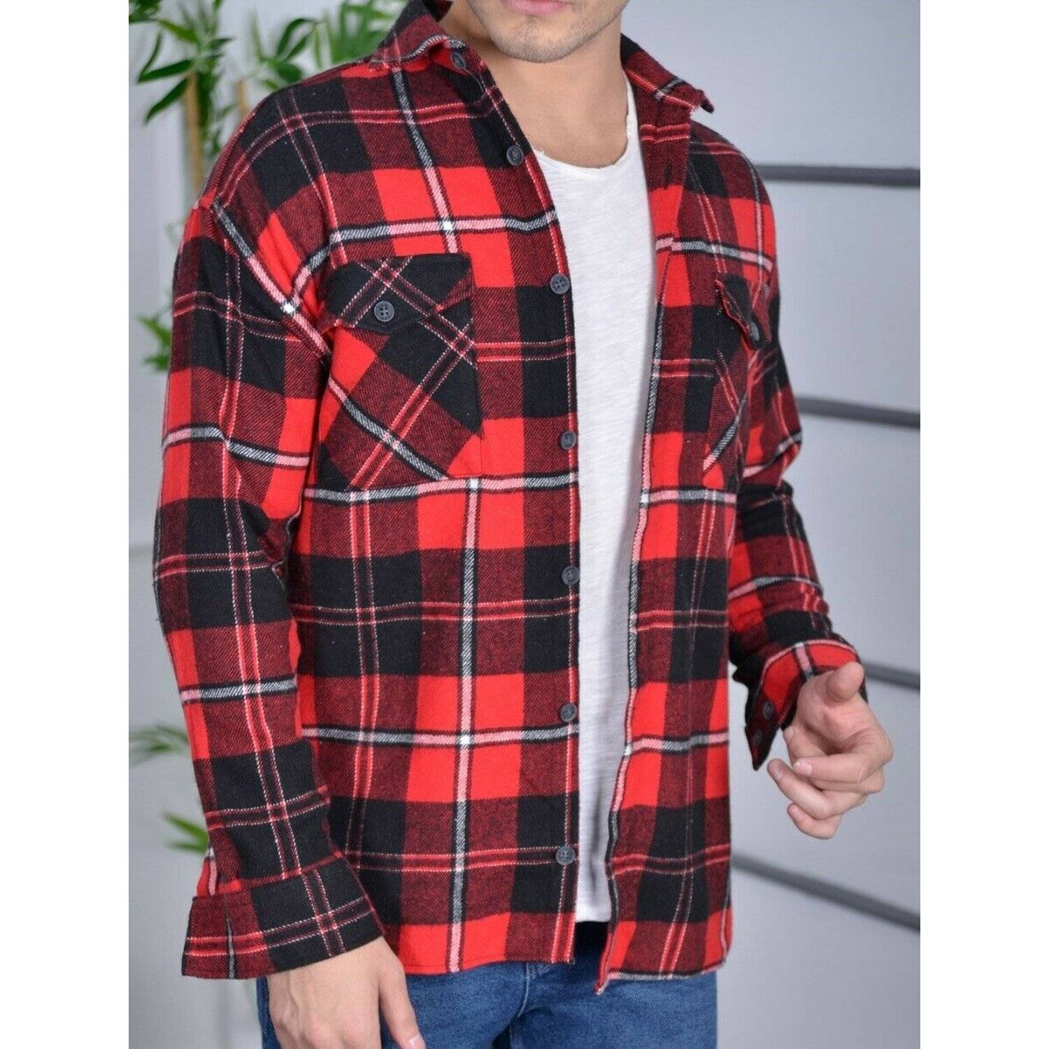 Megaman Jeans H-260 Flanellhemd Kariert Hemd Holzfällerhemd Herren Holzfäller Baumwolle Rot XL