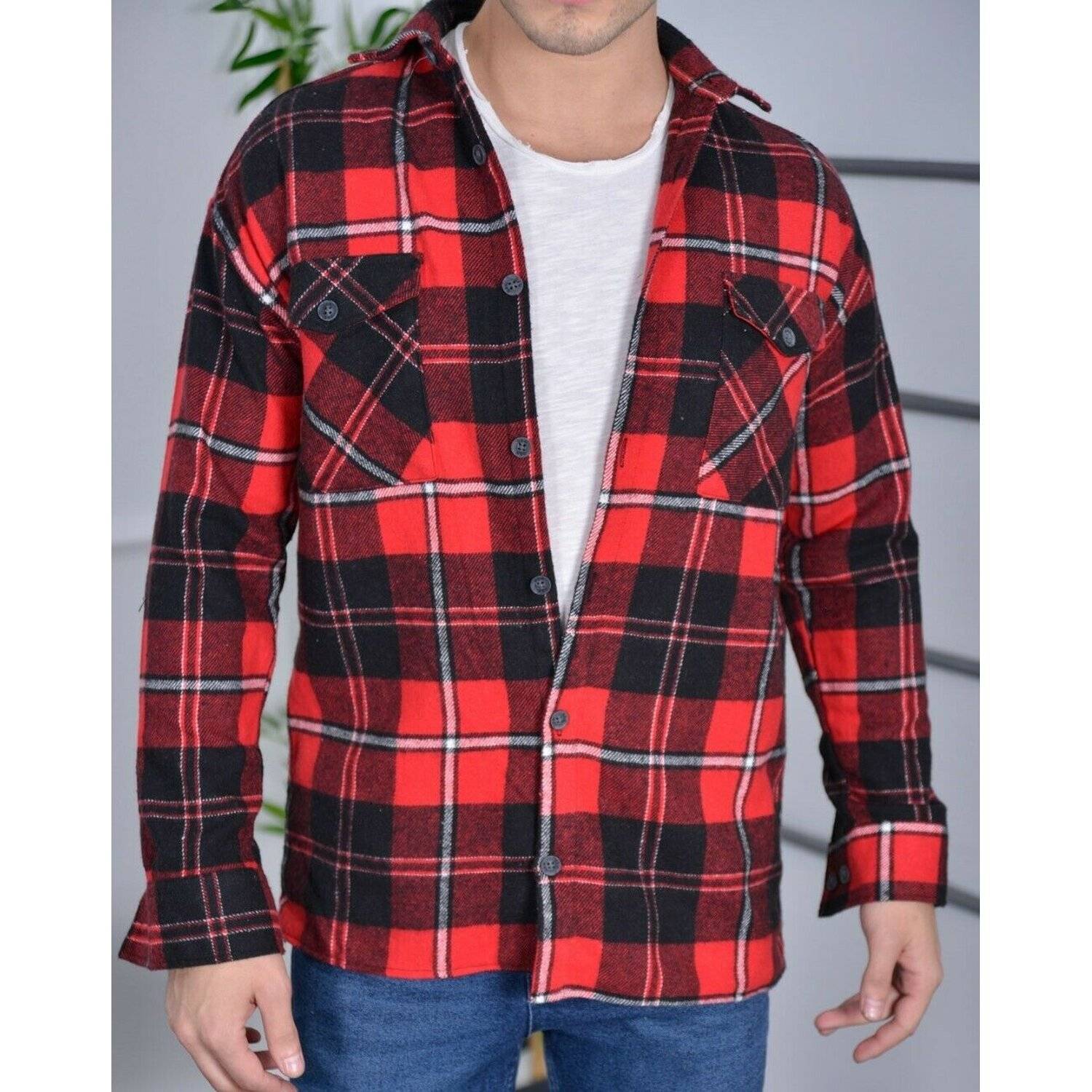 Megaman Jeans H-260 Flanellhemd Kariert Hemd Holzfällerhemd Herren Holzfäller Baumwolle Rot XL