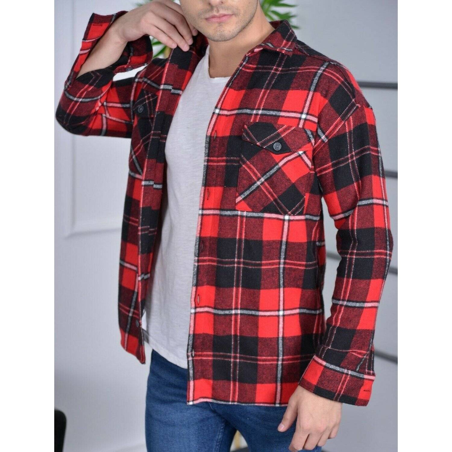 Megaman Jeans H-260 Flanellhemd Kariert Hemd Holzfällerhemd Herren Holzfäller Baumwolle Rot XL