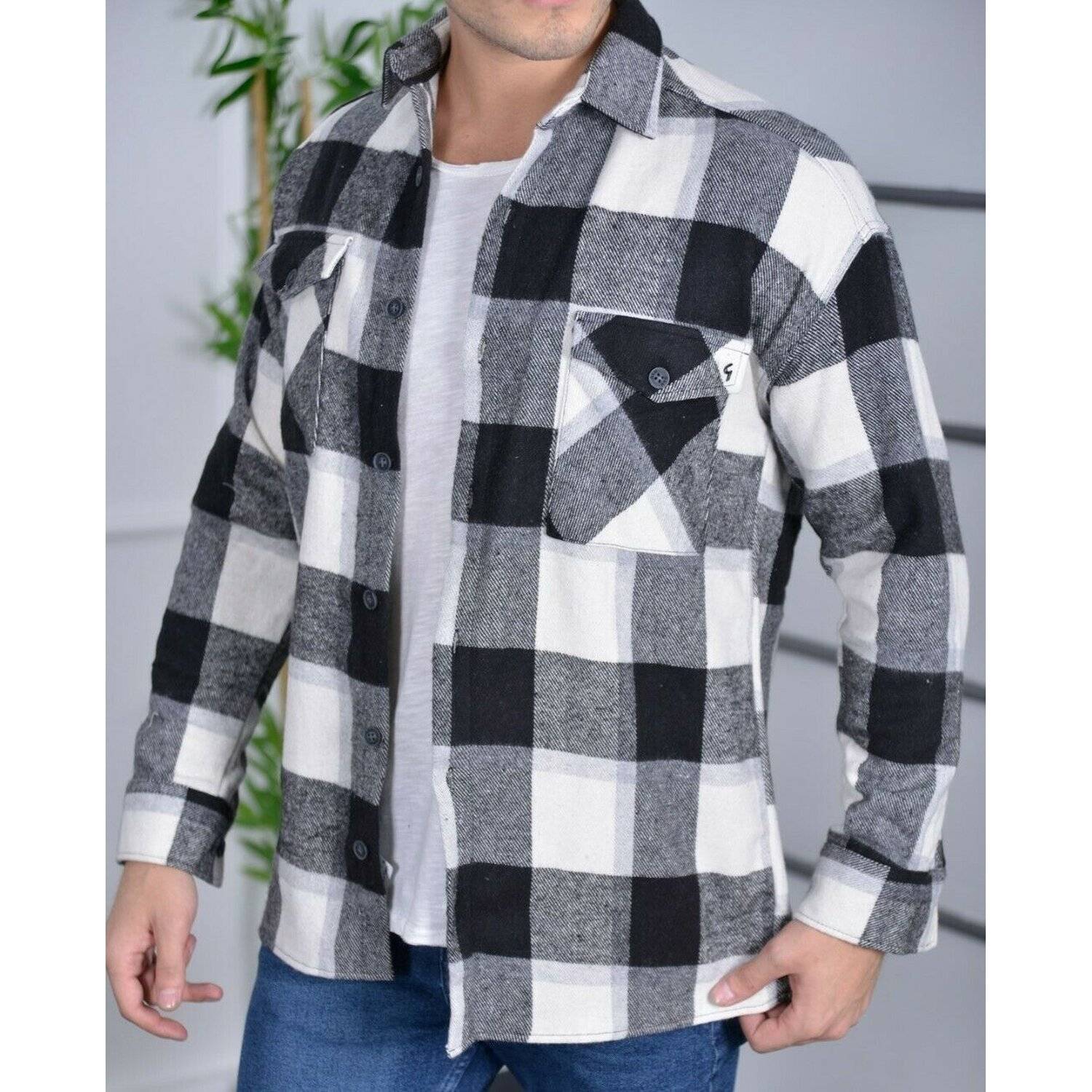 Megaman Jeans H-258 Flanellhemd Kariert Hemd Holzfällerhemd Herren Holzfäller Baumwolle XL Schwarz
