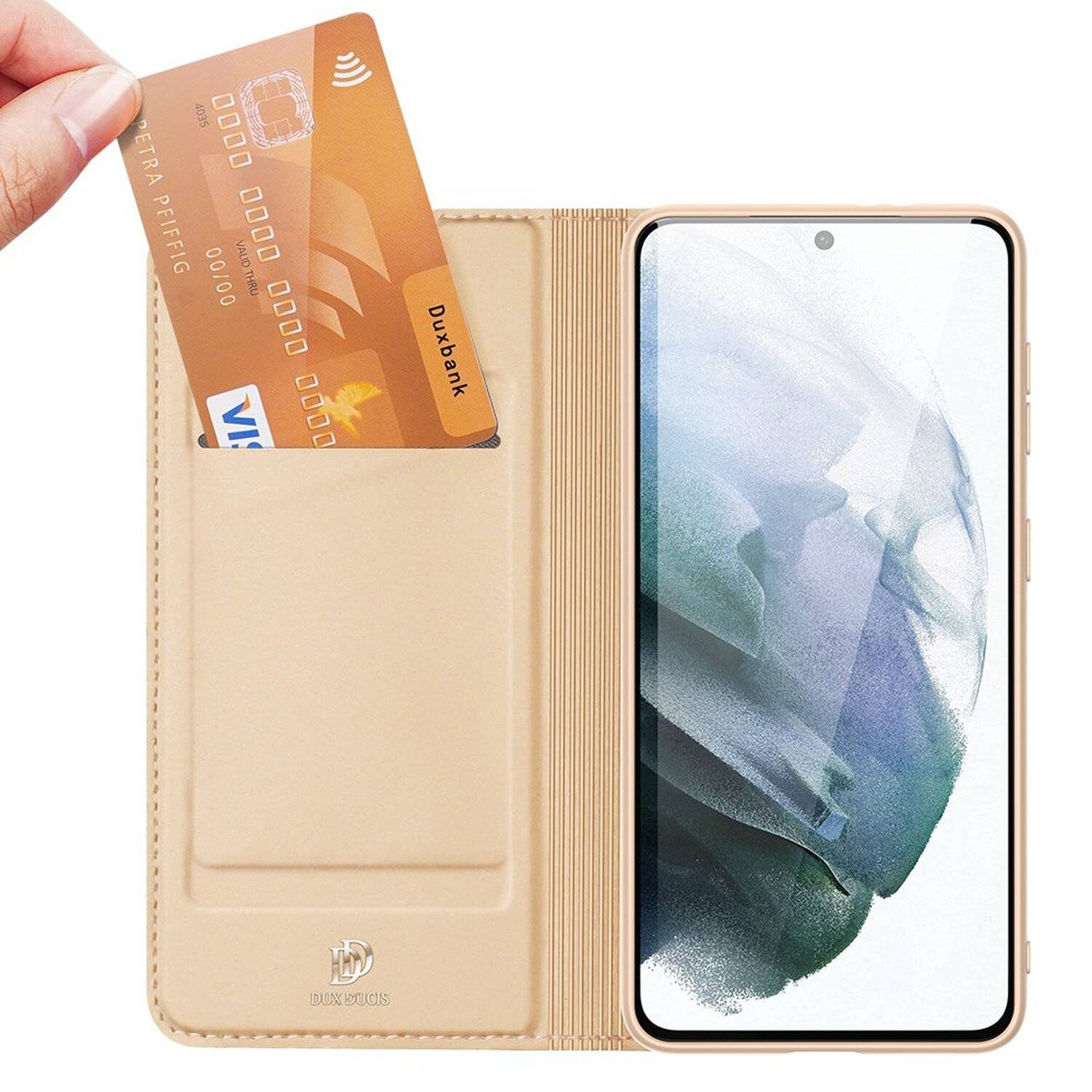 Buch Tasche "Dux Ducis" für Samsung Galaxy S21 FE Handy Hülle Etui Schutzhülle mit Standfunktion, Kartenfach Gold