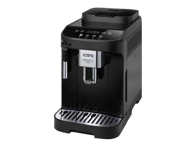 Schwarze De'Longhi Magnifica vollautomatische Espressomaschine mit Frontbedienelementen, Kaffeeauslauf, Dampflanze und Auffangschale auf weißem Hintergrund.