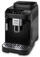 Schwarze automatische Espressomaschine mit vorderem Auslauf, Abtropfschale und Bedienfeld oben.