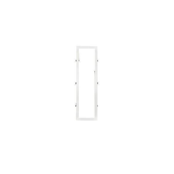 Ein weißer rechteckiger Türrahmen mit schmalem Design und mehreren Scharnieren, freigestellt auf weißem Hintergrund.