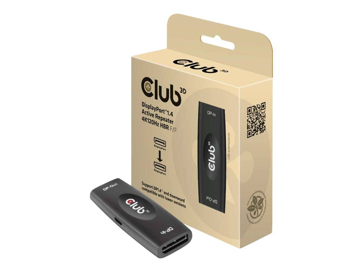 Club 3D DisplayPort 1.4 aktiver Repeater-Adapter neben seiner Einzelhandelsverpackung abgebildet, mit DisplayPort-Anschlüssen und Produktbranding sichtbar.