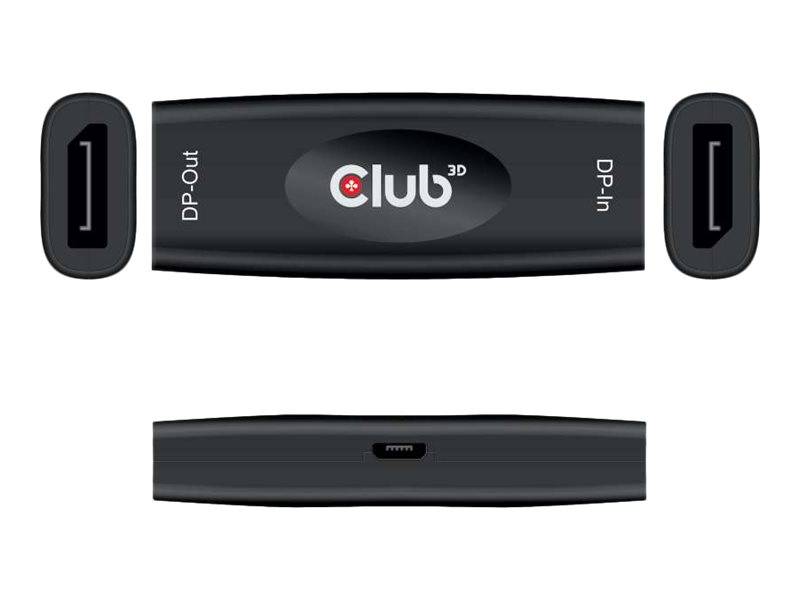 Club 3D DP zu DP Adapter-Dongle in Vorder- und Seitenansicht, mit beschrifteten DP-Out und DP-In Anschlüssen.
