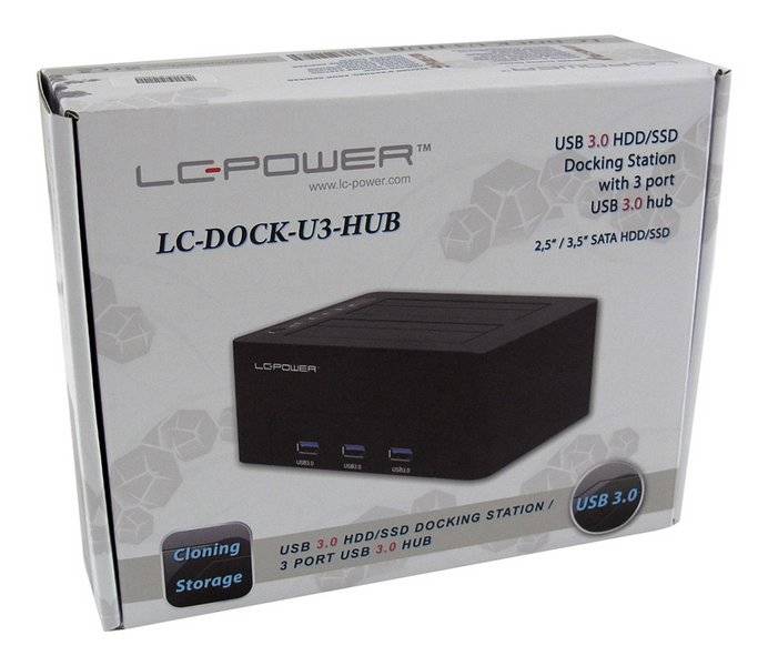 LC-POWER - LC Power LC-DOCK-U3-HUB - HDD-Dockingstation mit Netzanzeige, 3-Port-USB-Hub, Ein/Aus-Schalter, Klon-Funktion