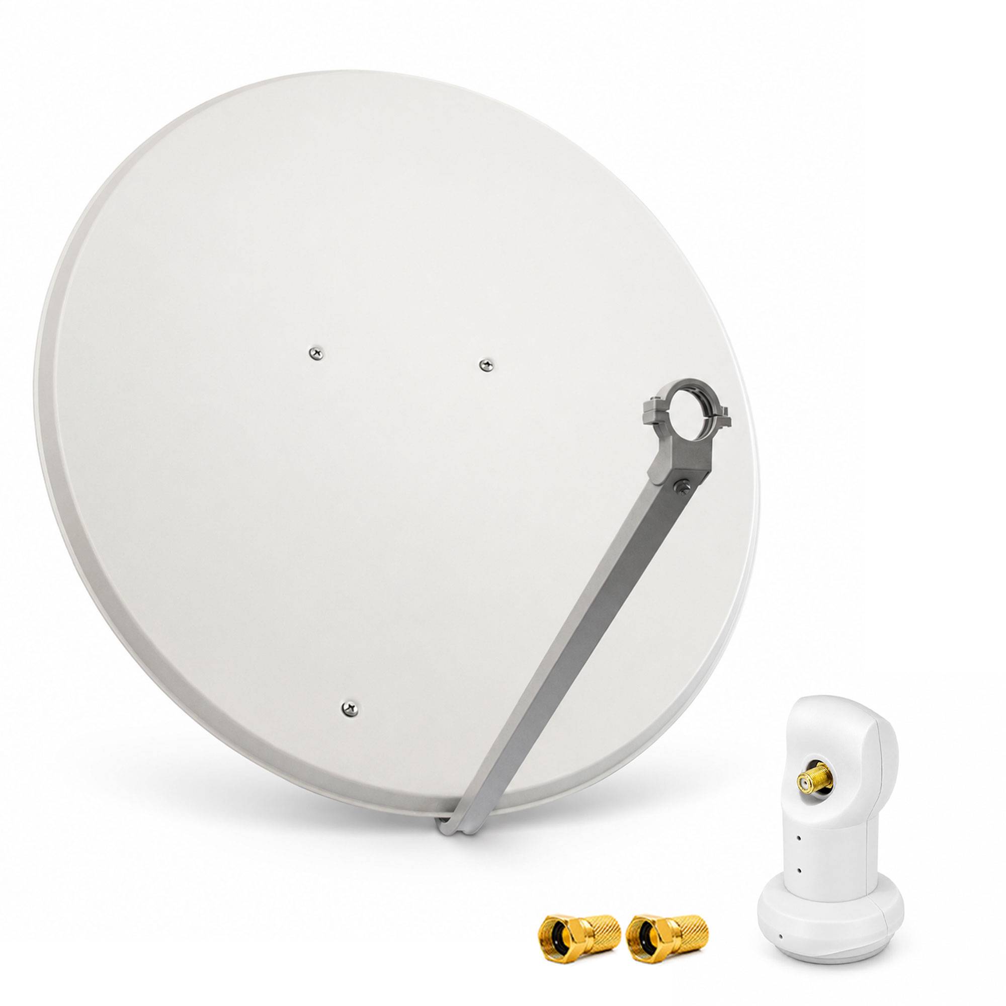 Weiße Satellitenschüsselenantenne mit Montagearme, plus eine kleine Empfängereinheit und zwei goldene Stecker auf einfachem Hintergrund.
