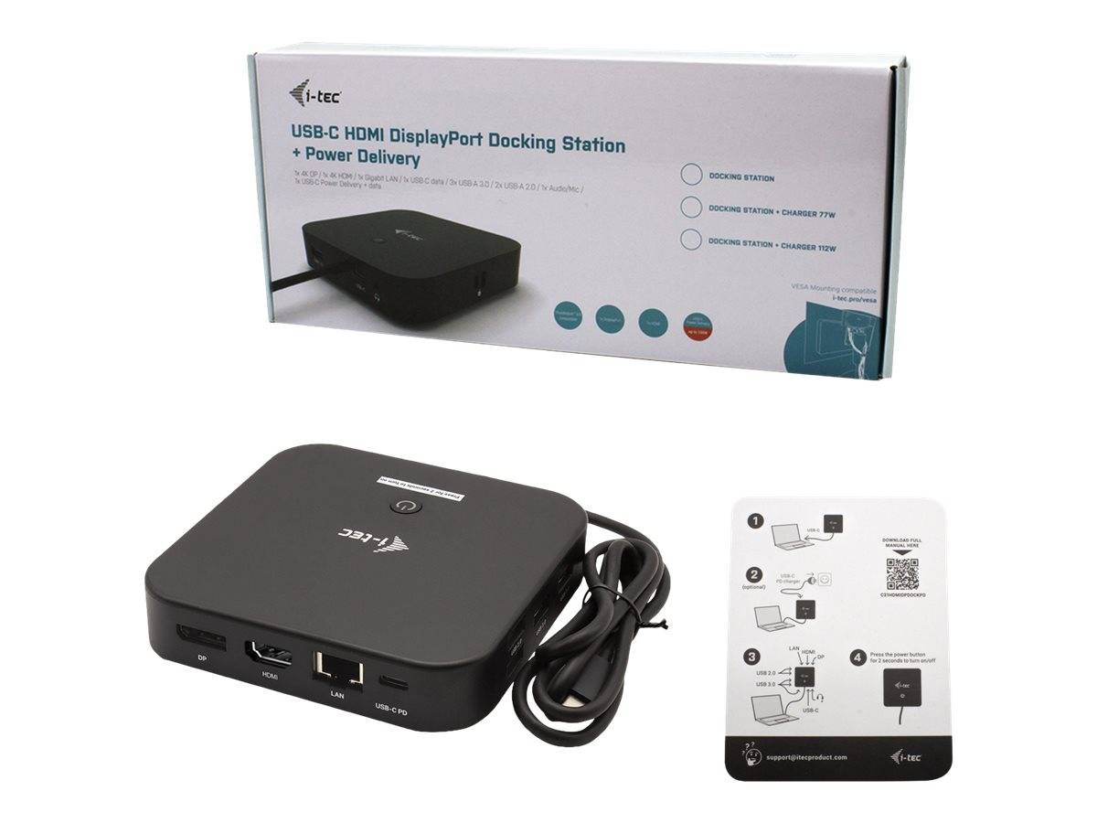 Eine USB-C HDMI DisplayPort Dockingstation mit Stromversorgung, gezeigt mit ihrer Verpackung, der Dockingeinheit, dem Spiralkabel und der Setupkarte.