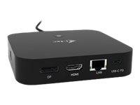 Schwarze Medienbox mit vier Frontanschlüssen mit den Beschriftungen DP, HDMI, LAN und DC 5V, gezeigt auf weißem Hintergrund.