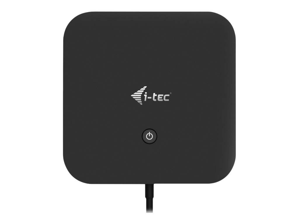 Schwarzes i-tec-Gerät mit einer zentrierten Stromtaste und verbundenem Kabel, das auf weißem Hintergrund gezeigt wird.