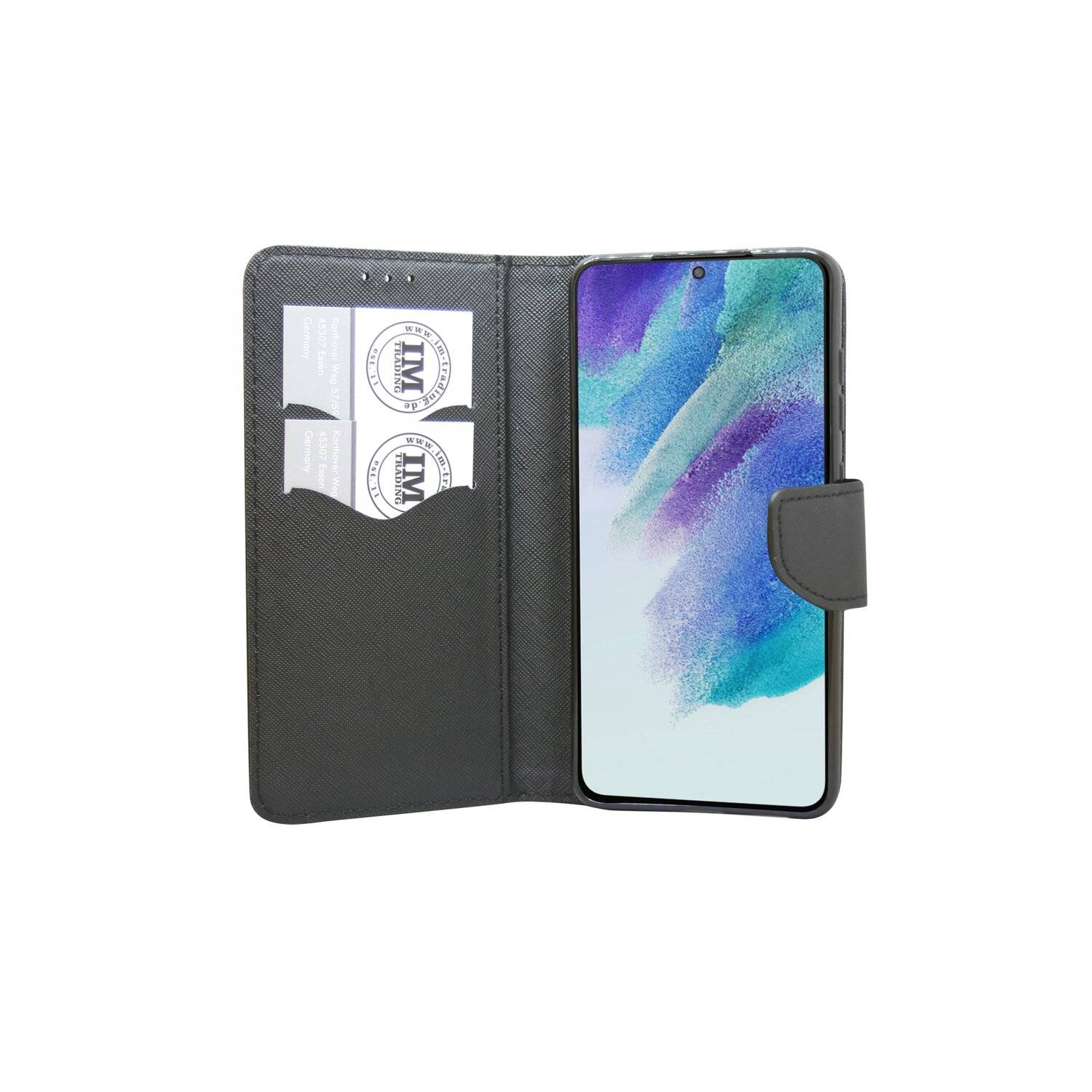 Buch Tasche "Fancy" für SAMSUNG GALAXY S21 FE Handy Hülle Etui Schutzhülle mit Standfunktion, Kartenfach Schwarz
