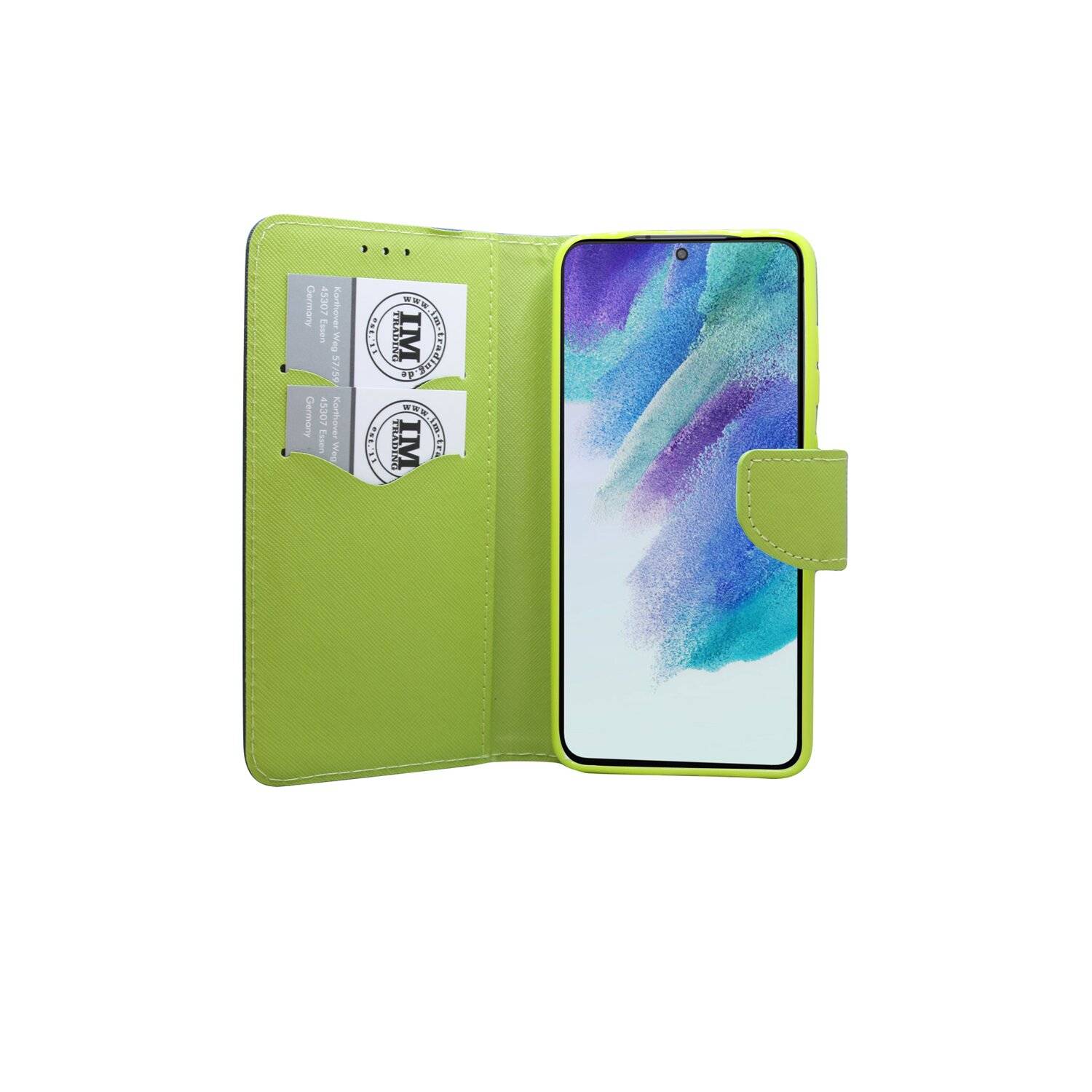 Buch Tasche "Fancy" für SAMSUNG GALAXY S21 FE Handy Hülle Etui Schutzhülle mit Standfunktion, Kartenfach Blau-Grün