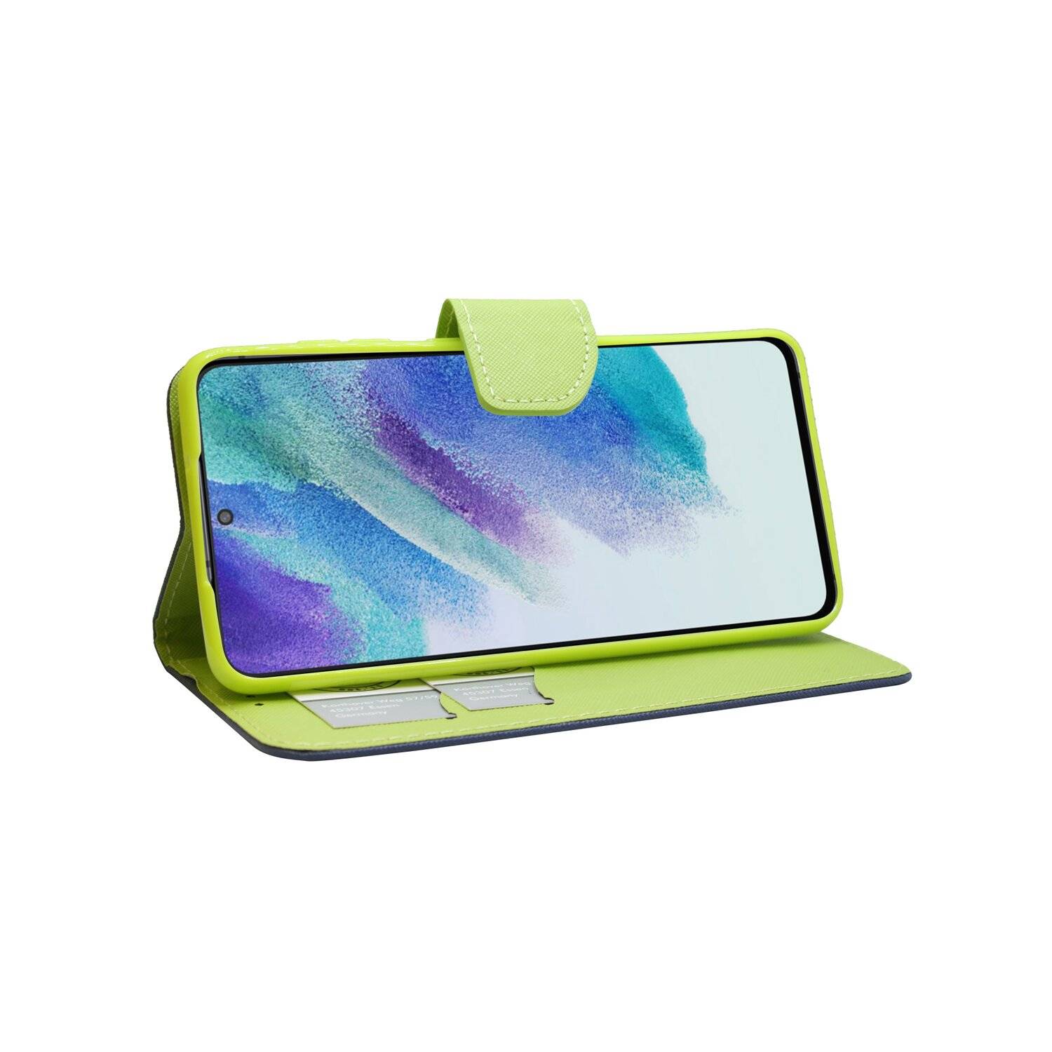 Buch Tasche "Fancy" für SAMSUNG GALAXY S21 FE Handy Hülle Etui Schutzhülle mit Standfunktion, Kartenfach Blau-Grün