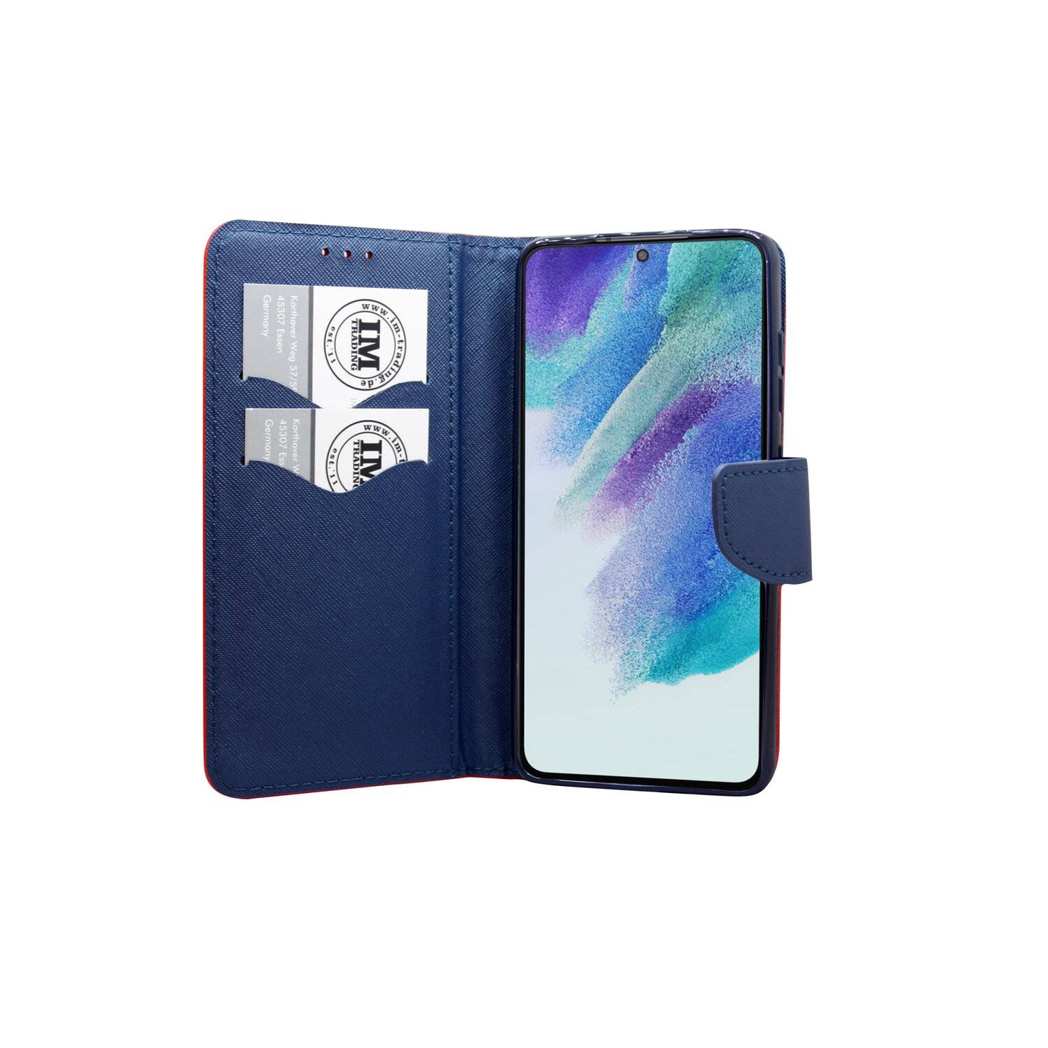 Buch Tasche "Fancy" für SAMSUNG GALAXY S21 FE Handy Hülle Etui Schutzhülle mit Standfunktion, Kartenfach Rot-Blau