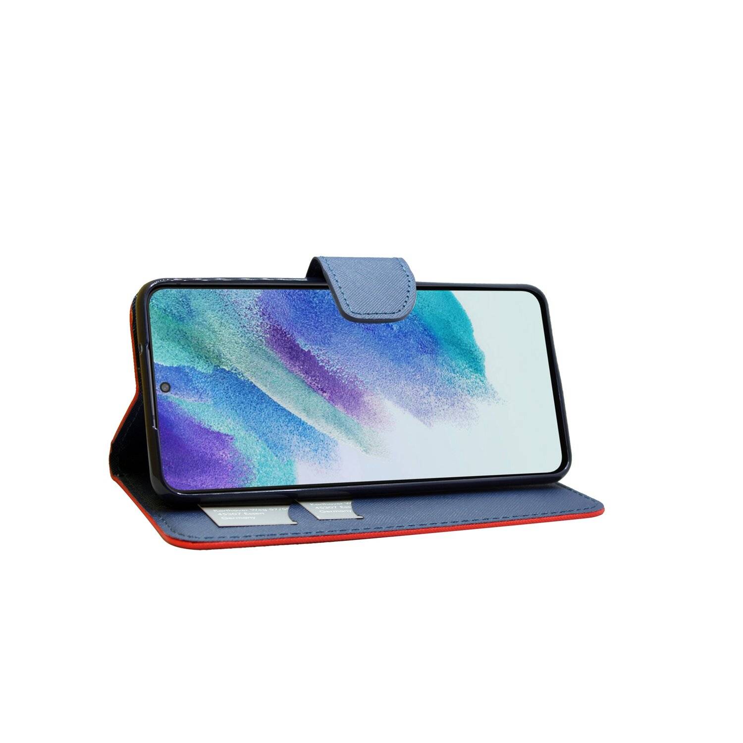Buch Tasche "Fancy" für SAMSUNG GALAXY S21 FE Handy Hülle Etui Schutzhülle mit Standfunktion, Kartenfach Rot-Blau