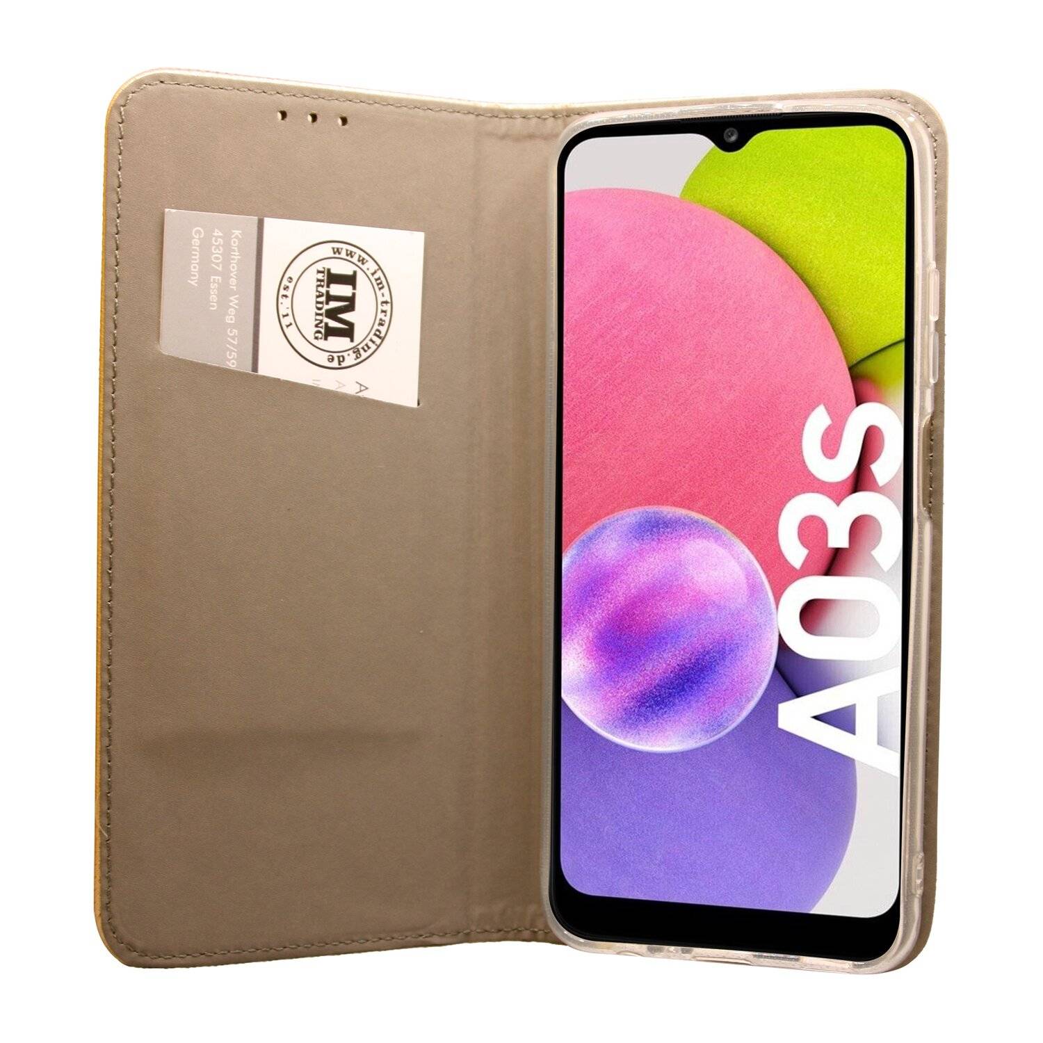 Buch Tasche "Smart" für SAMSUNG GALAXY A03s ( A037G ) Handy Hülle Etui Schutzhülle mit Standfunktion, Kartenfach Gold