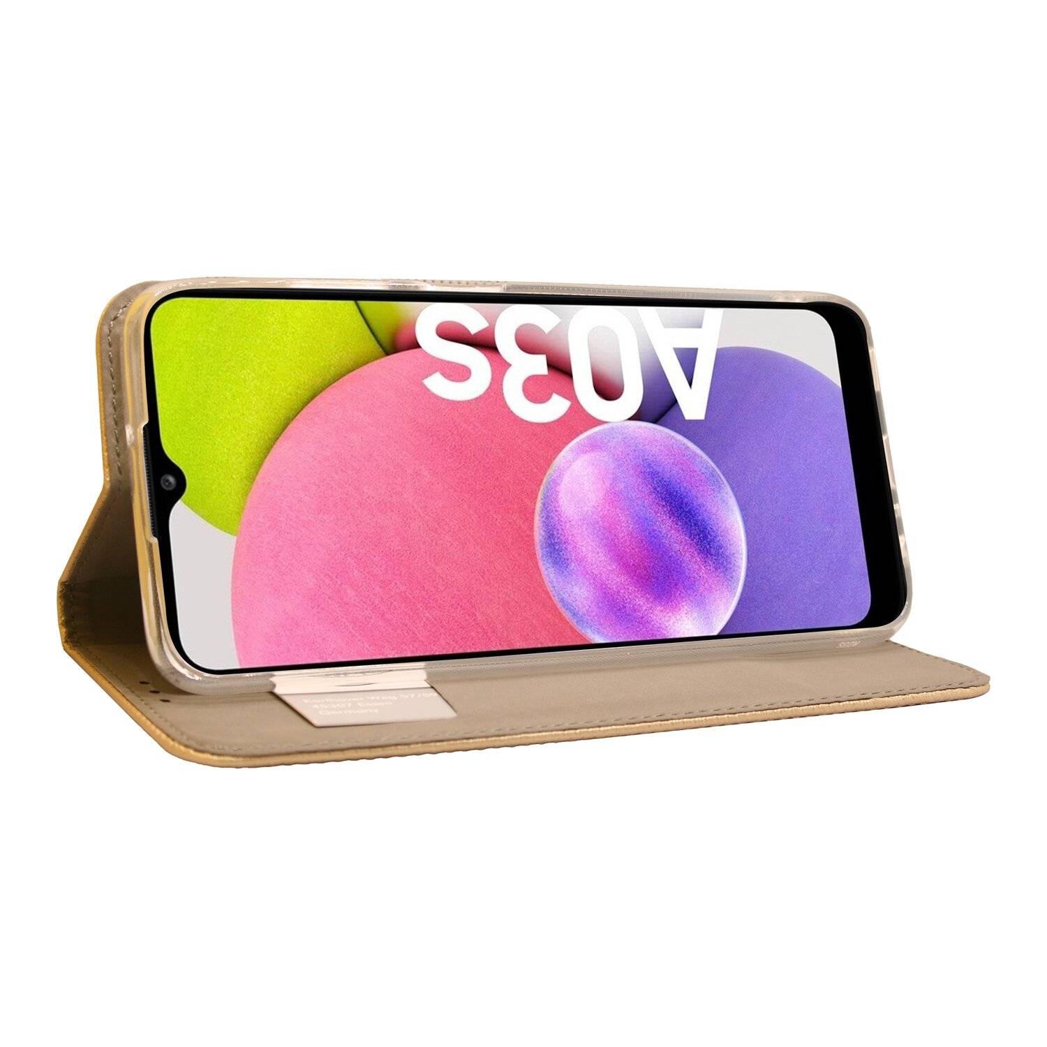 Buch Tasche "Smart" für SAMSUNG GALAXY A03s ( A037G ) Handy Hülle Etui Schutzhülle mit Standfunktion, Kartenfach Gold