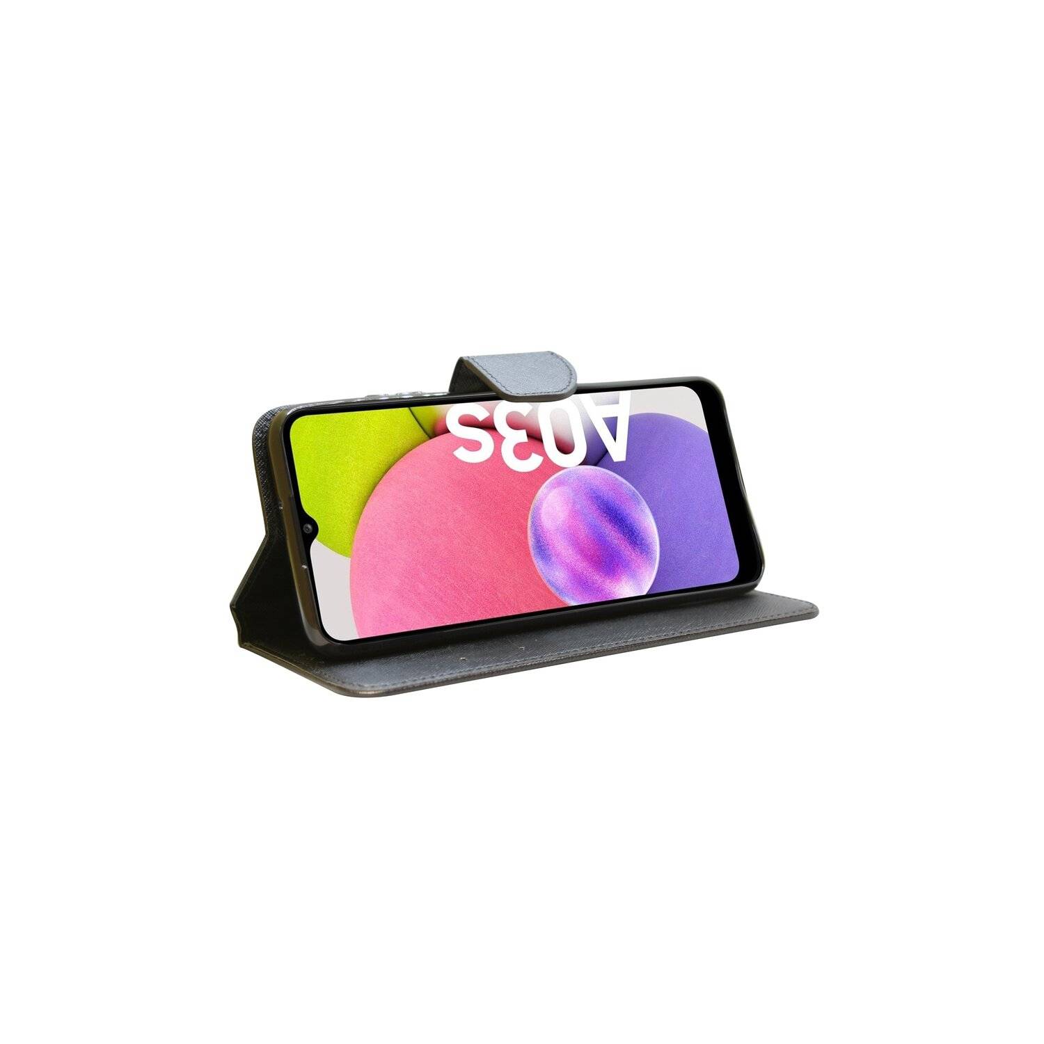 Buch Tasche "Fancy" für SAMSUNG GALAXY A03s (A037G) Handy Hülle Etui Schutzhülle mit Standfunktion, Kartenfach Schwarz