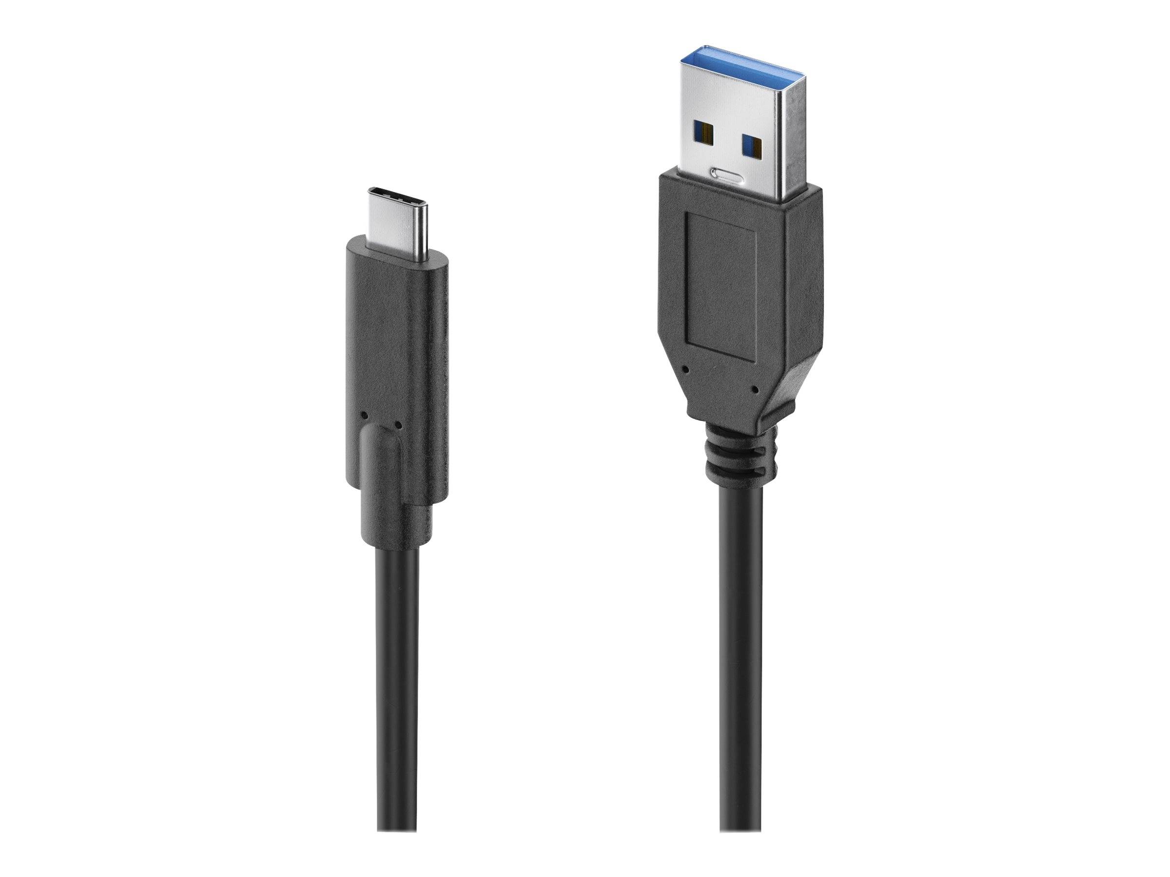 USB-C-zu-USB-A-Kabel mit einem schwarzen Stecker an einem Ende und einem blauem USB-A-Stecker am anderen Ende.